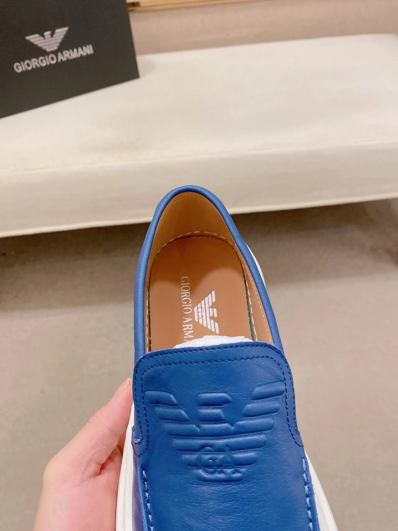 Emporio Armani Blue White Leather Upper Embossed Vamp Loafer