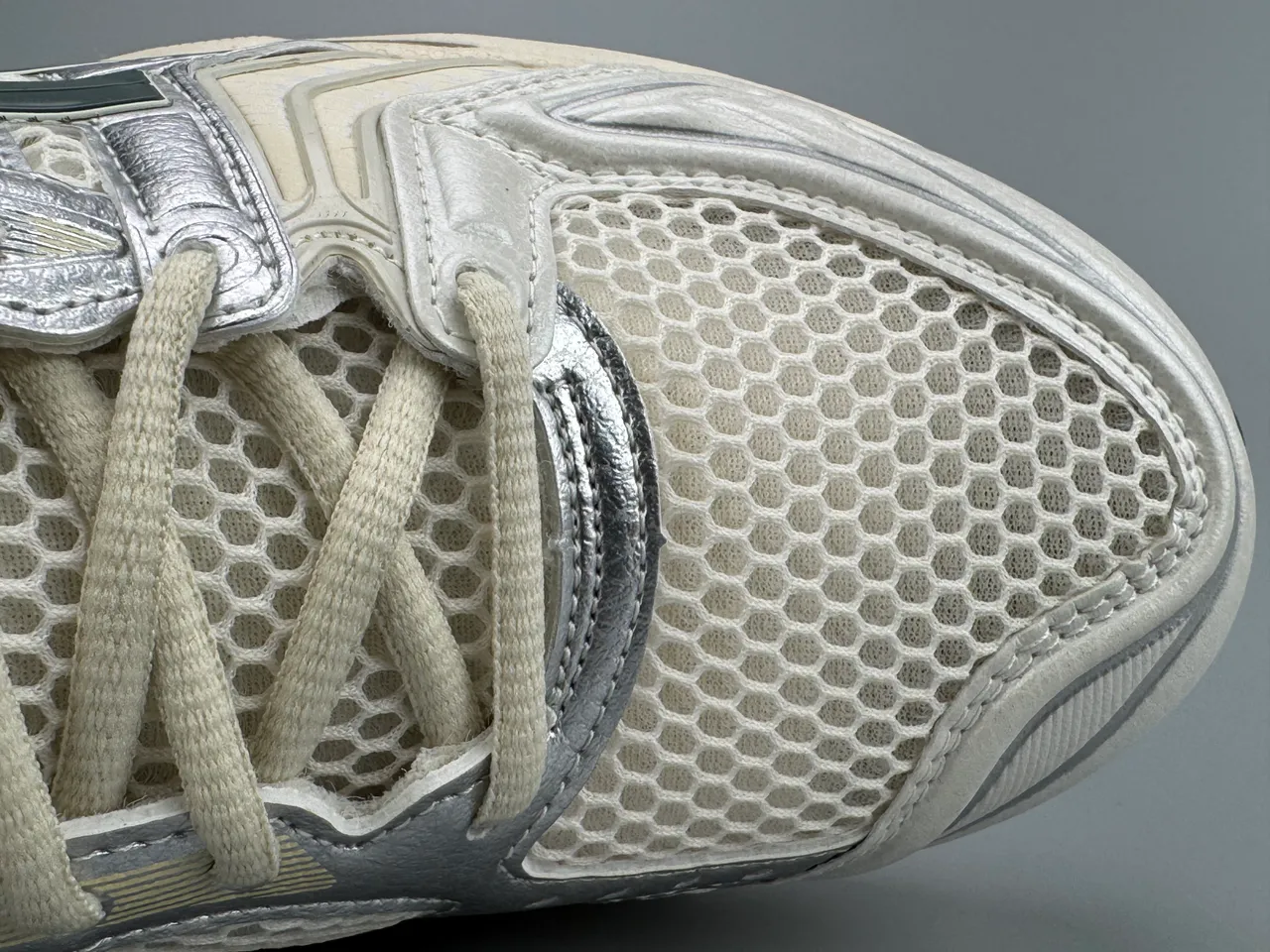ASICS Gel-Kayano Beige Silver Mesh And Synthetic Overlay Upper Metallic Accents Running Shoes
