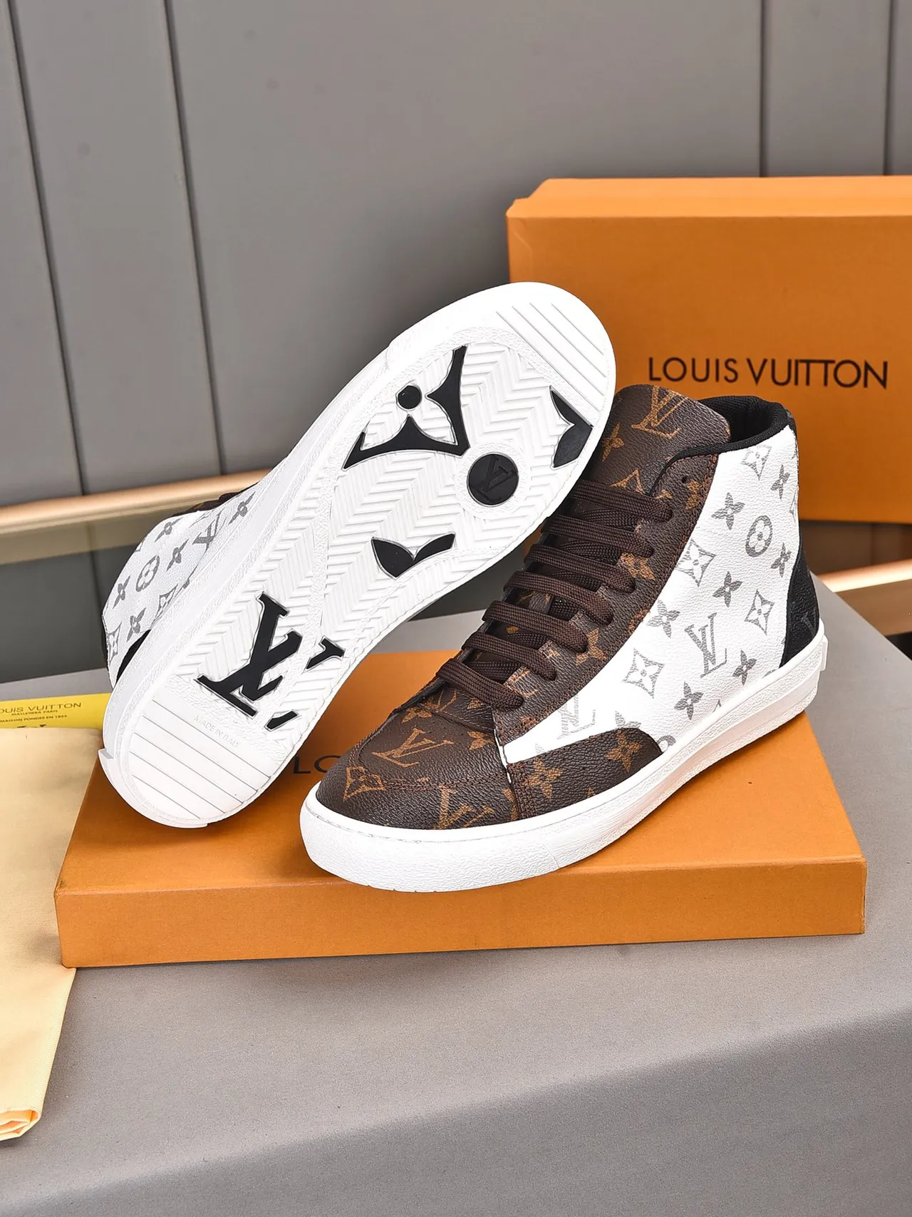Louis Vuitton LV Trainer Brown White High-Top Monogram Canvas Lifestyle Sneakers