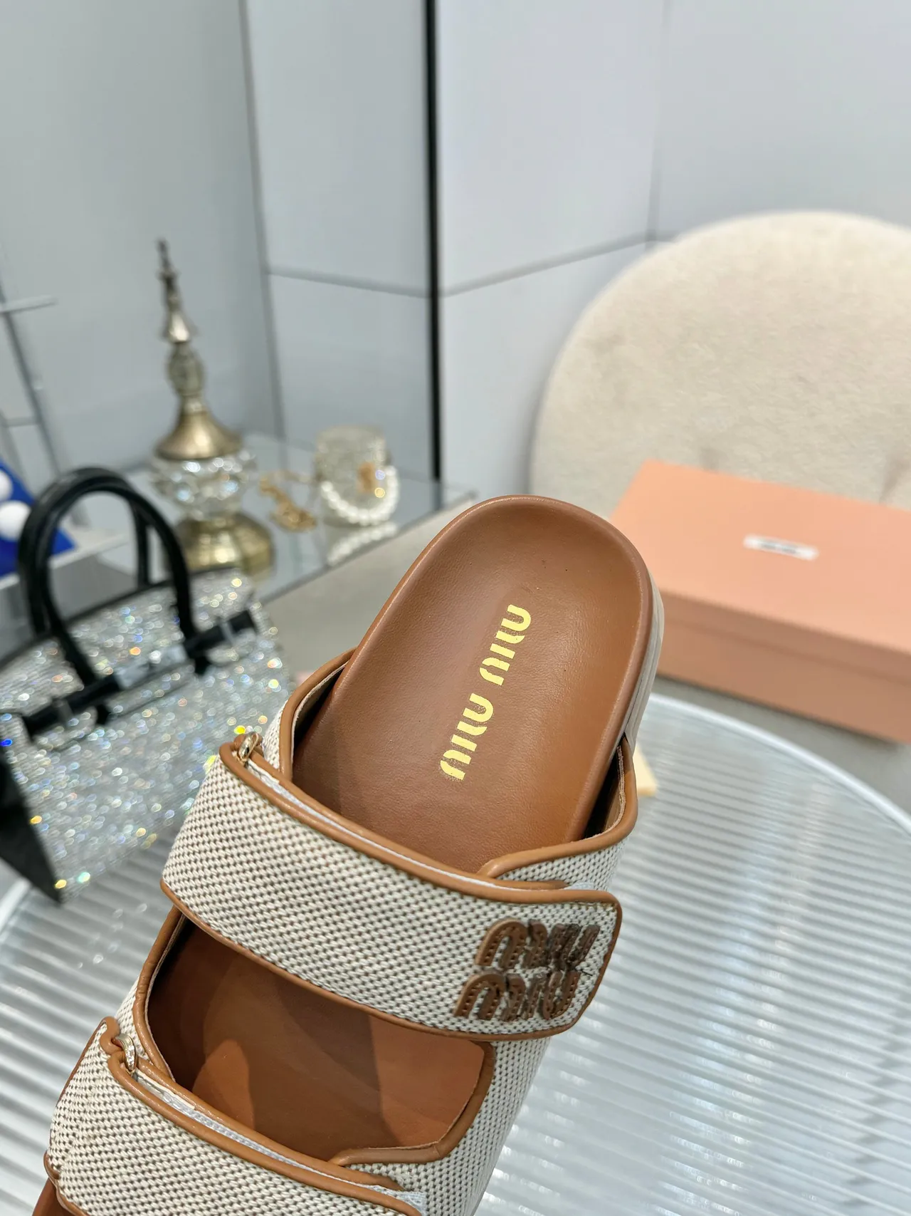 Miu Miu Wander Double-Strap Woven Mesh Slippers