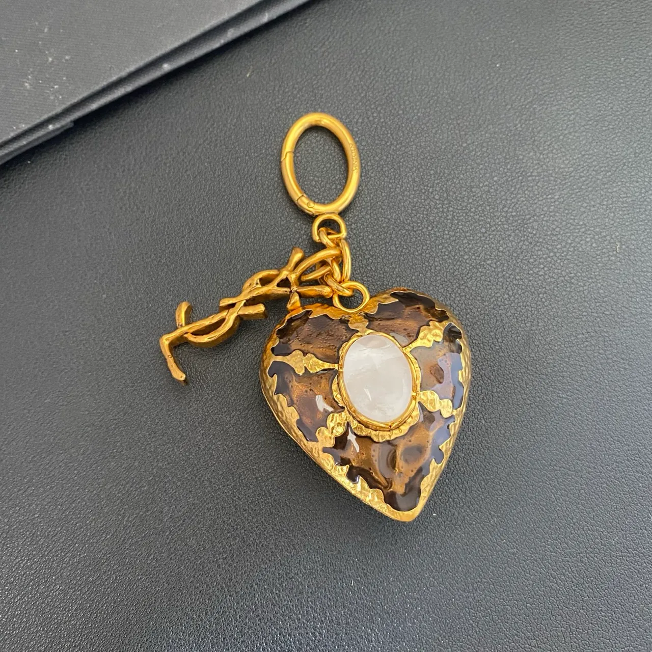 Saint Laurent Monogram Heart Charm Gold Brown Metal Brooch