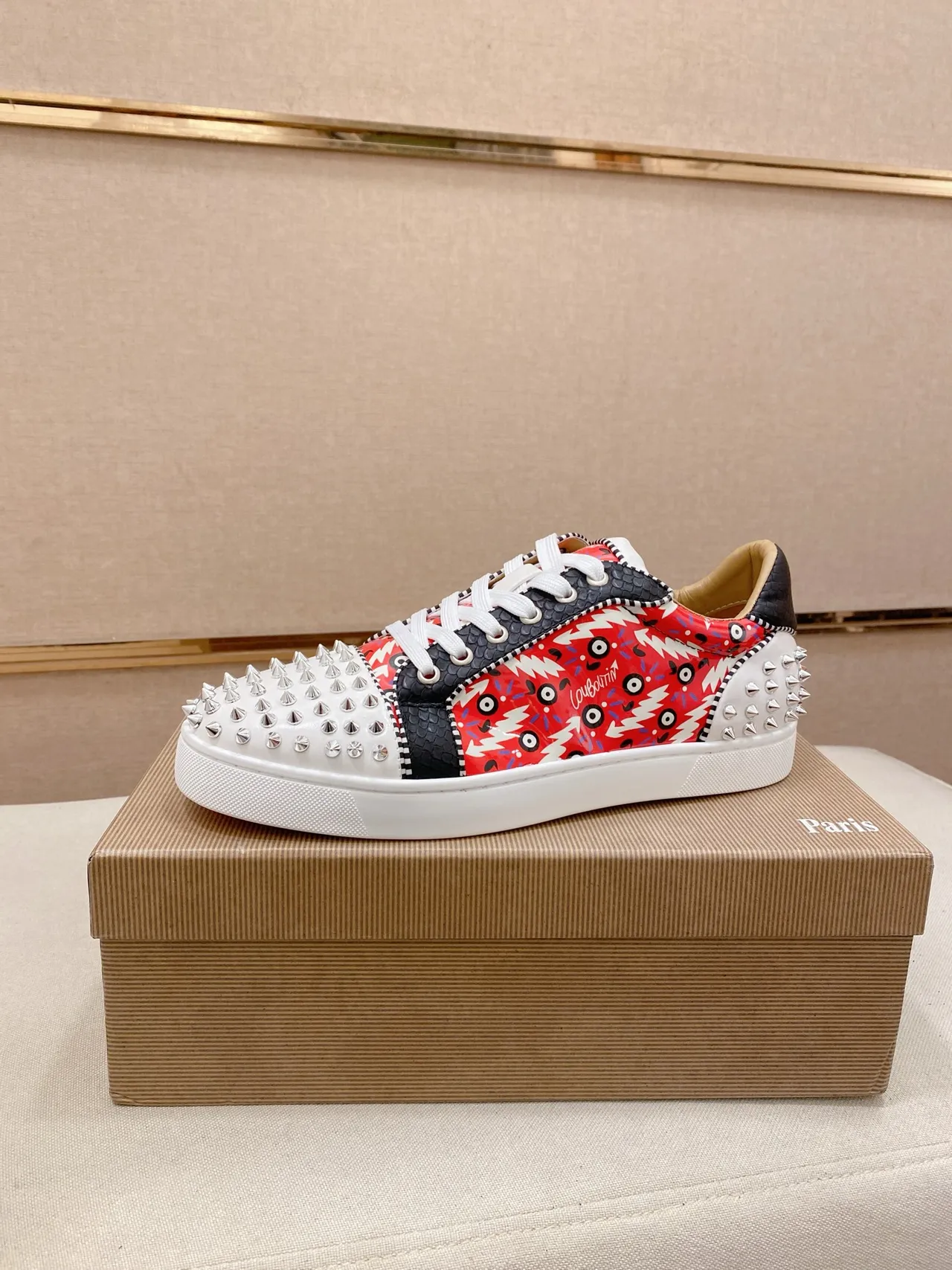 Christian Louboutin Spike Sneaker Red Black White Studded Lifestyle Sneakers