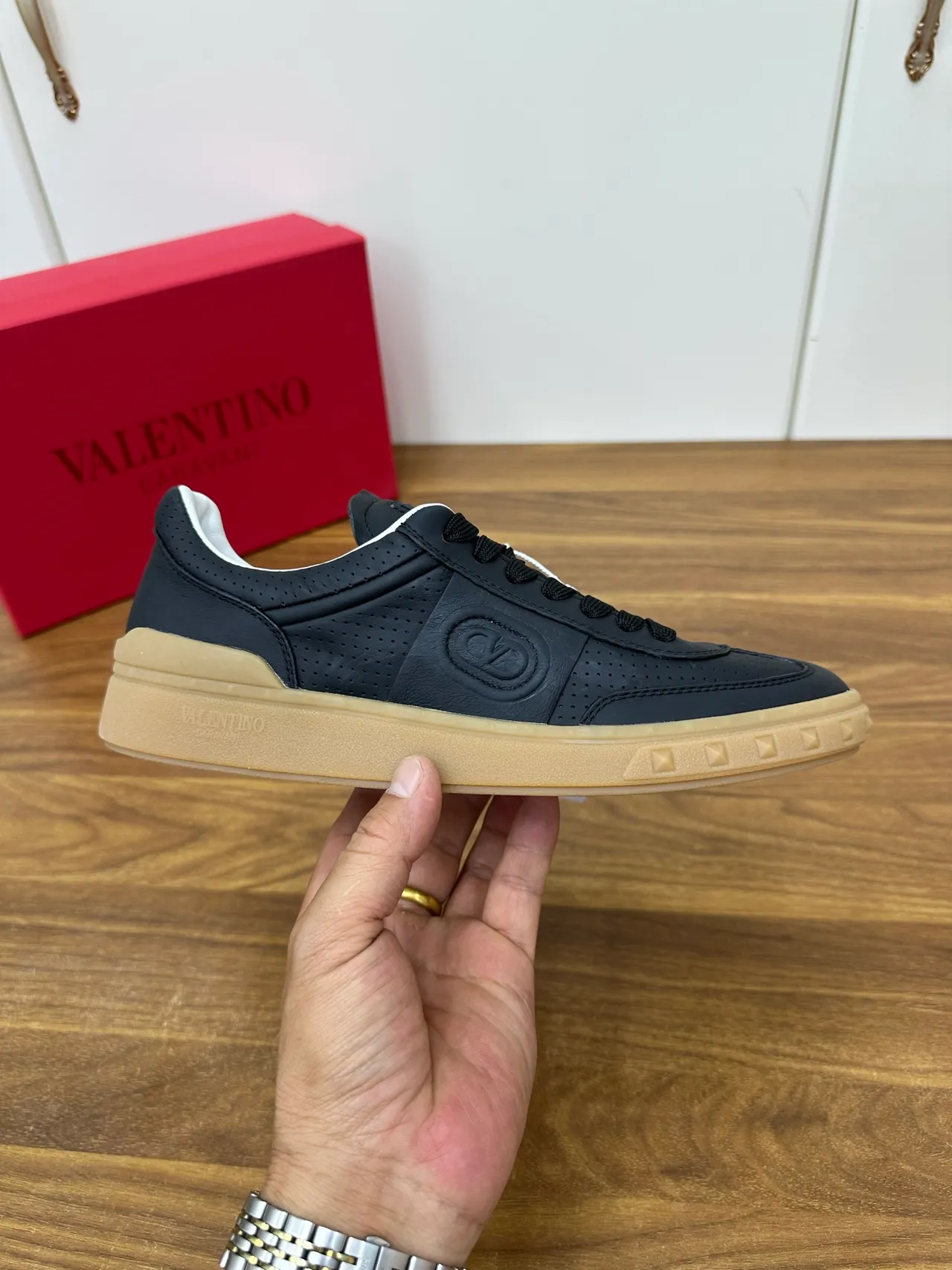 Valentino Rockstud Perforated Leather Black and Gum Lifestyle Sneakers