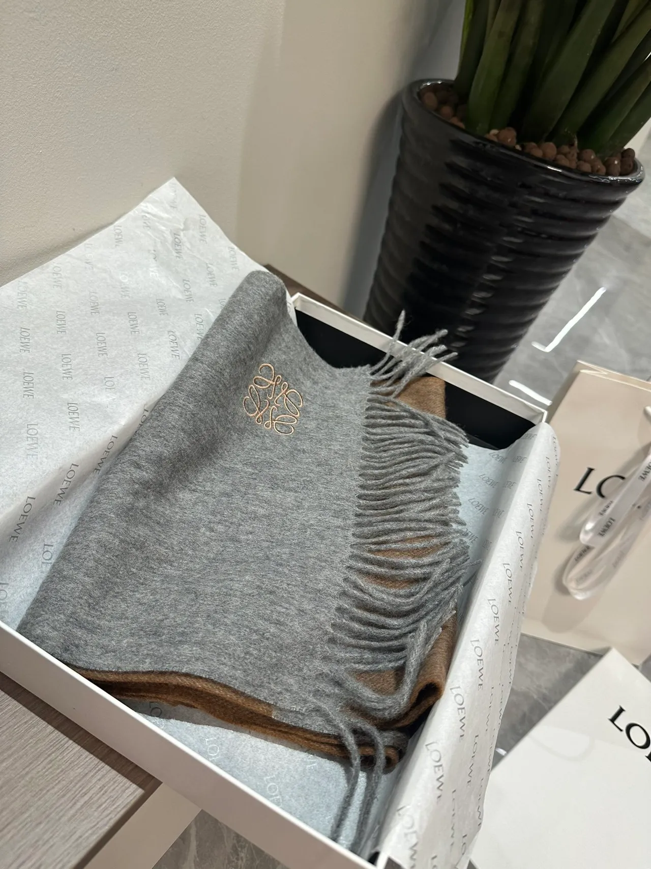Loewe Anagram Embroidered Gray Cashmere Scarf