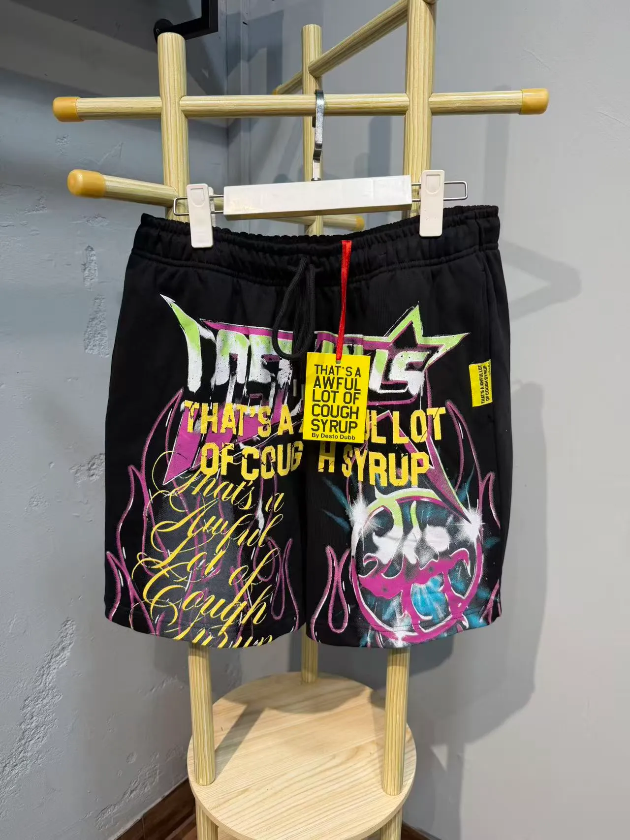 Black Graphic-Print Drawstring Waist Shorts