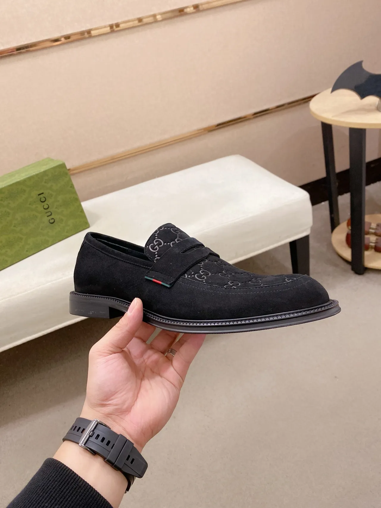 Gucci Black Green Suede Upper GG Monogram Print Loafer