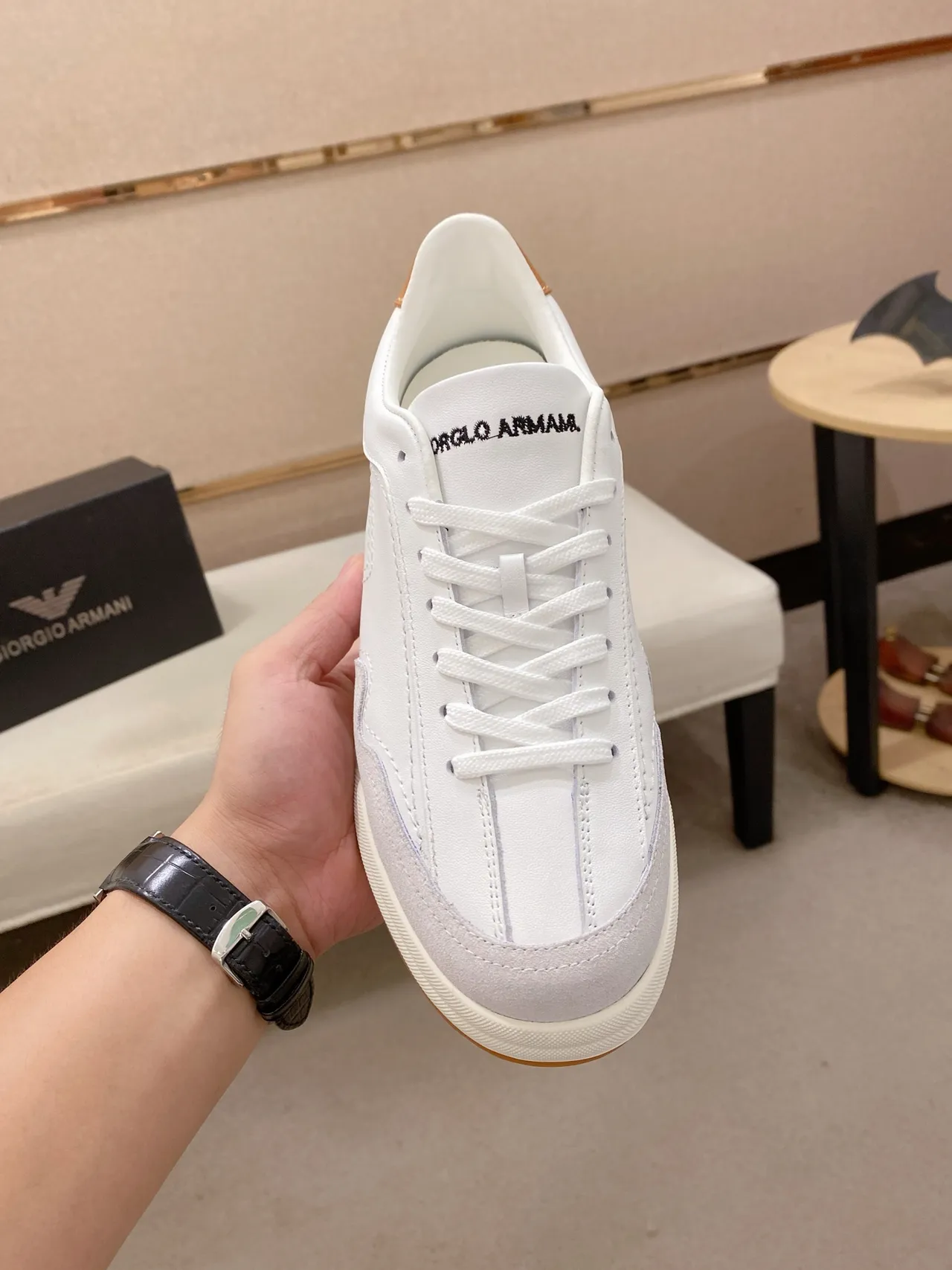 Emporio Armani White Gray Low-Top Leather-Suede Panelled Sneakers