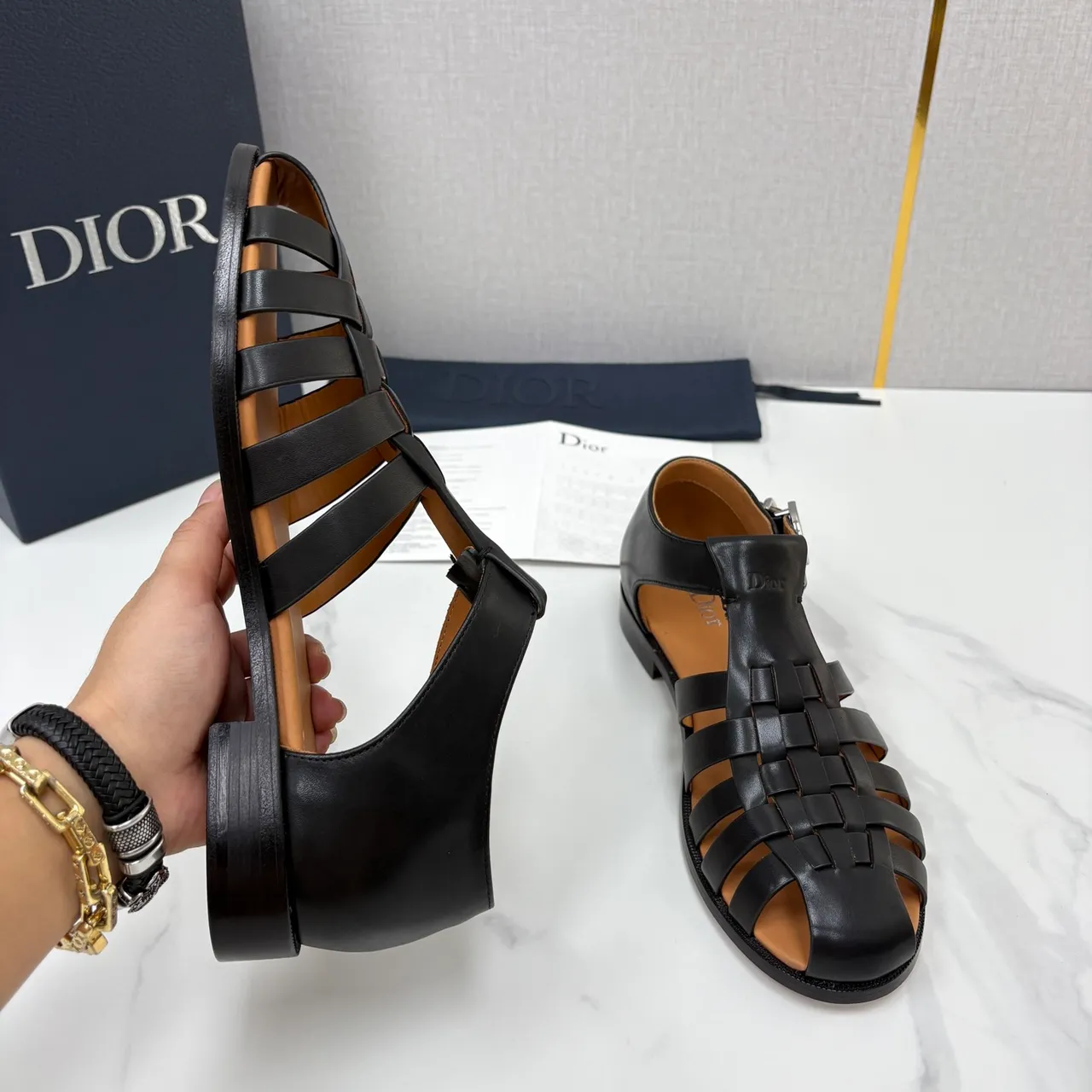 Dior Woven T-Strap Buckle Gladiator Sandals