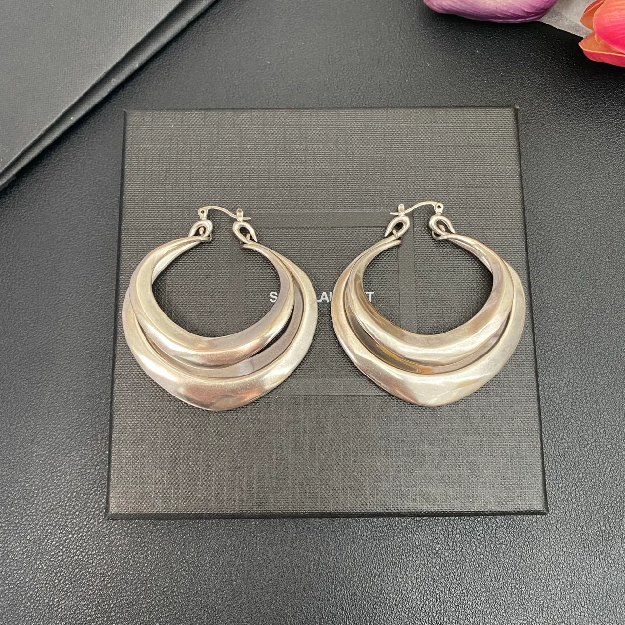 Saint Laurent Silver Triple-Layered Asymmetrical Hoop Earrings
