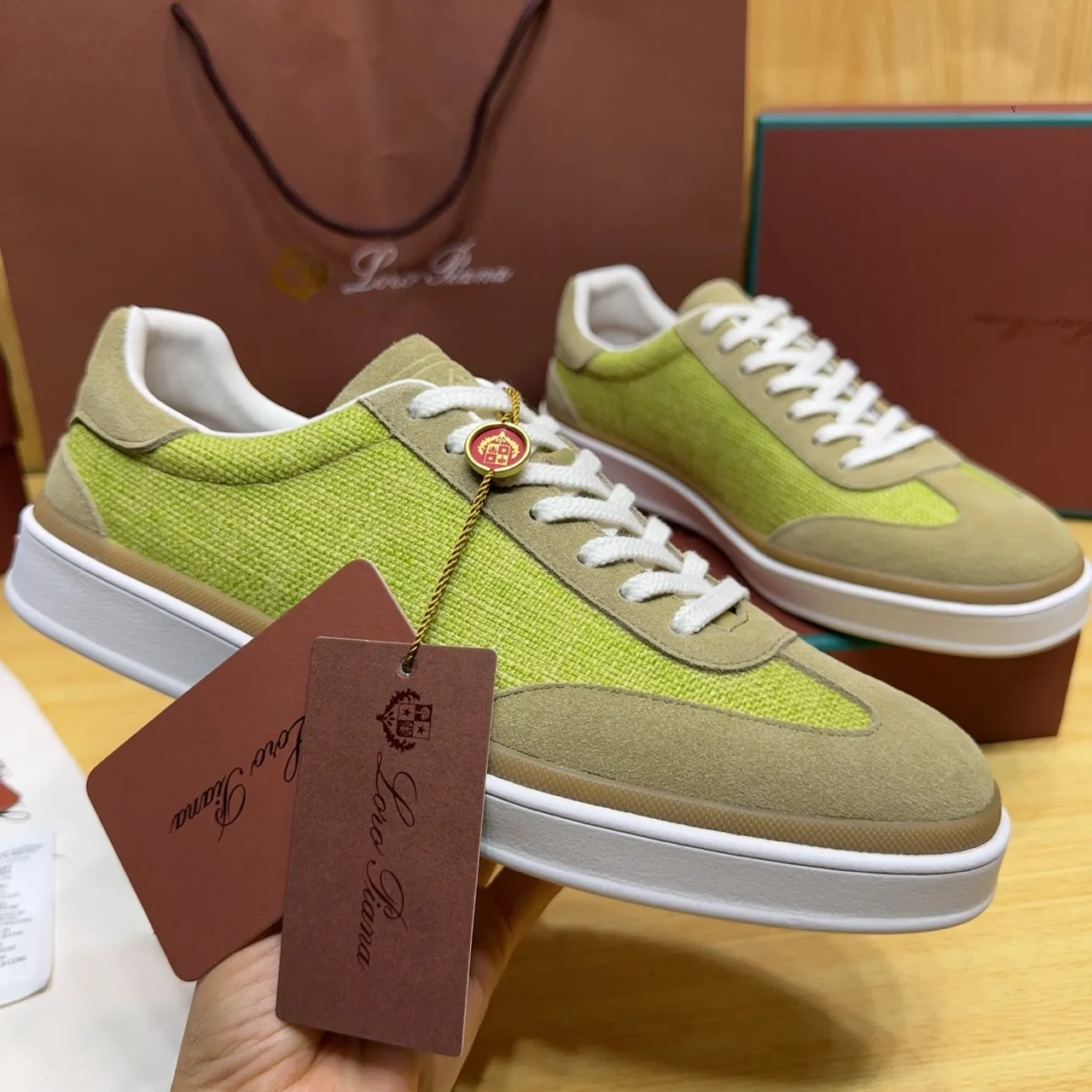 Loro Piana Lime Green and Beige Suede Woven Lifestyle Sneakers