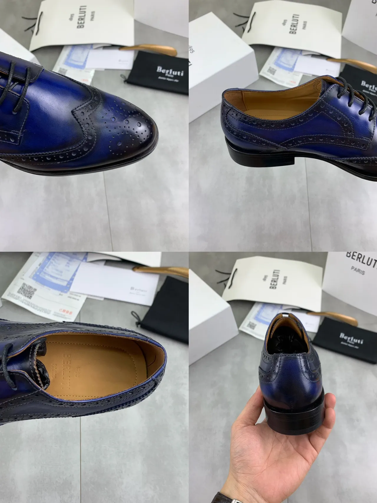 BERLUTI Blue Black Polished Leather Full Wingtip Brogue