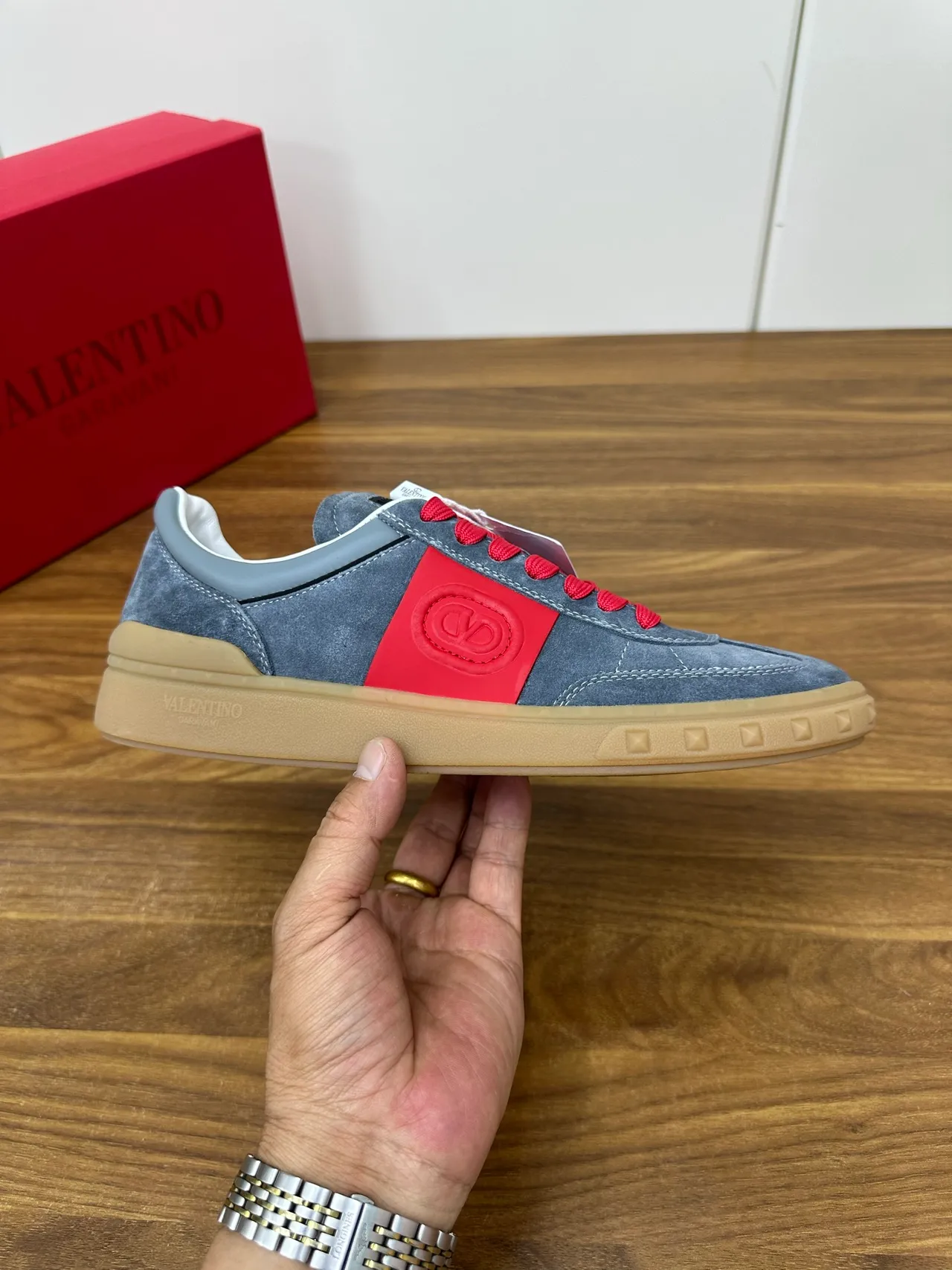 Valentino VLTN Suede Gray and Red Lifestyle Sneakers