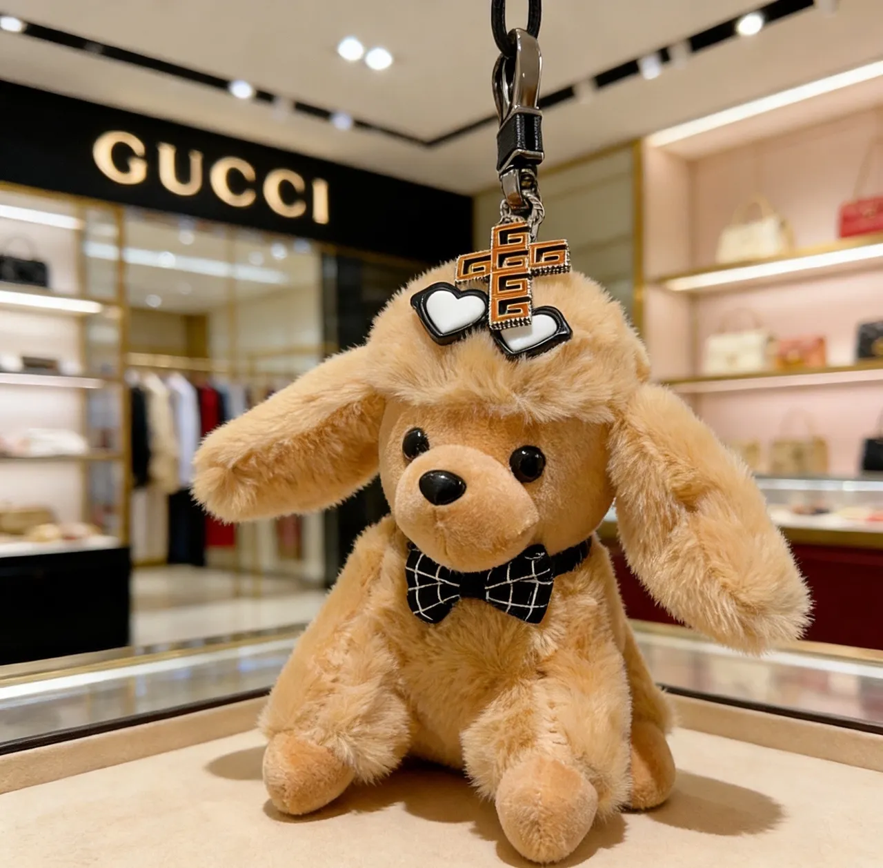 Gucci Beige Black Plush Dog Silhouette Checkered Bow Tie Phone Accessory
