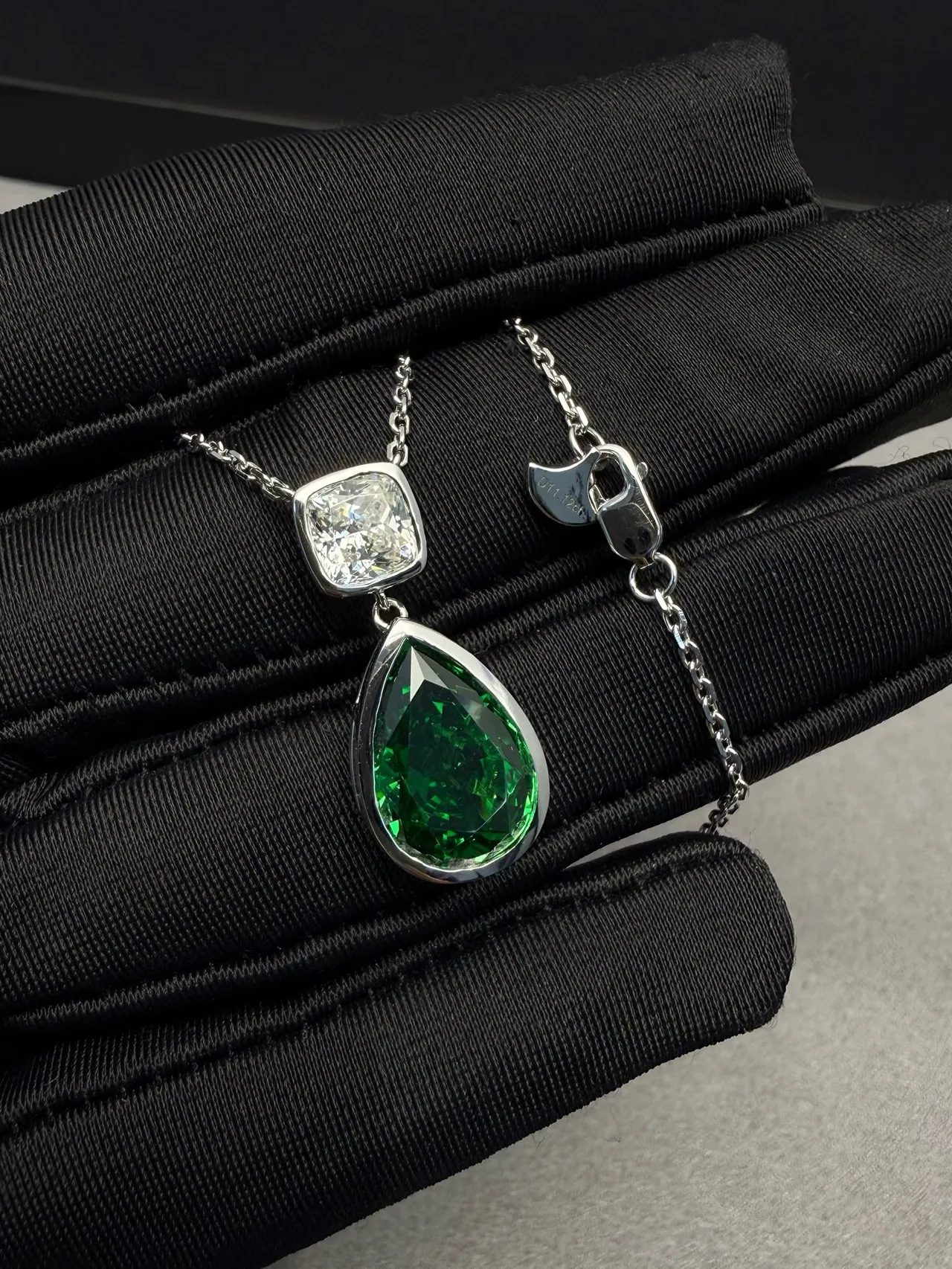 Pear-Shaped Green Gemstone and Square Accent Stone Bezel-Set Pendant Necklace