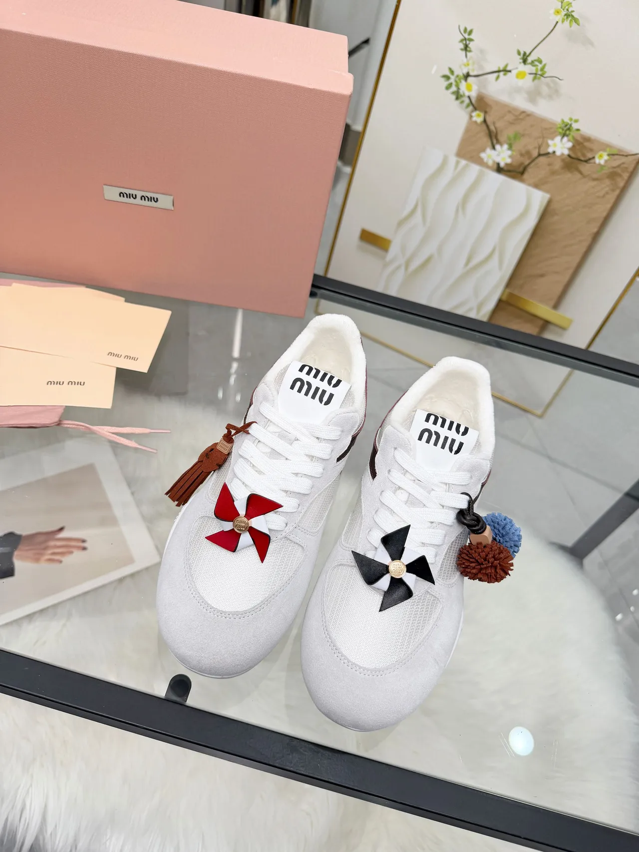 Miu Miu White Burgundy Suede And Mesh Upper Leather Side Stripe Lifestyle Sneakers