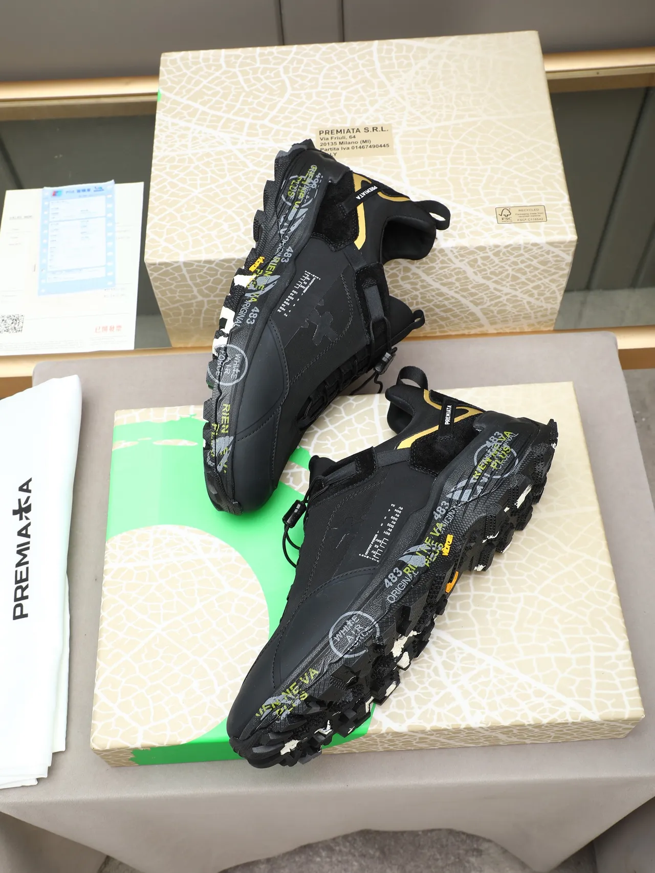 Premiata Black Gold Sole Mixed-Material Upper Chunky Sneakers