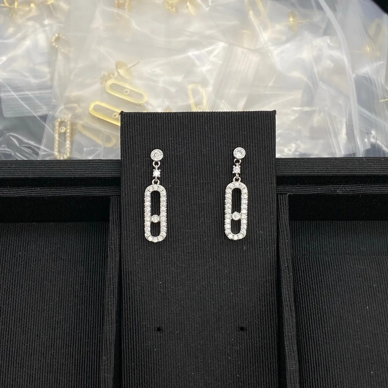 Messika Gold Silver Rectangular Frame Pavé Diamond Halo Earrings