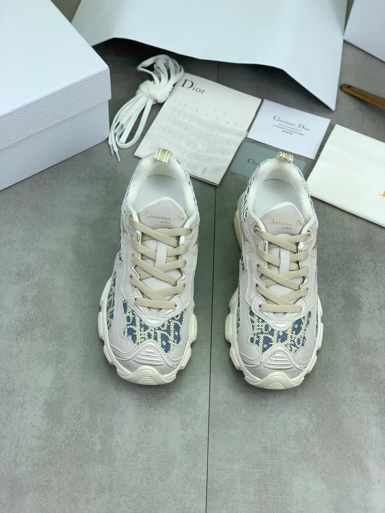 Dior Beige Blue Sole Oblique Monogram Jacquard Chunky Sneakers