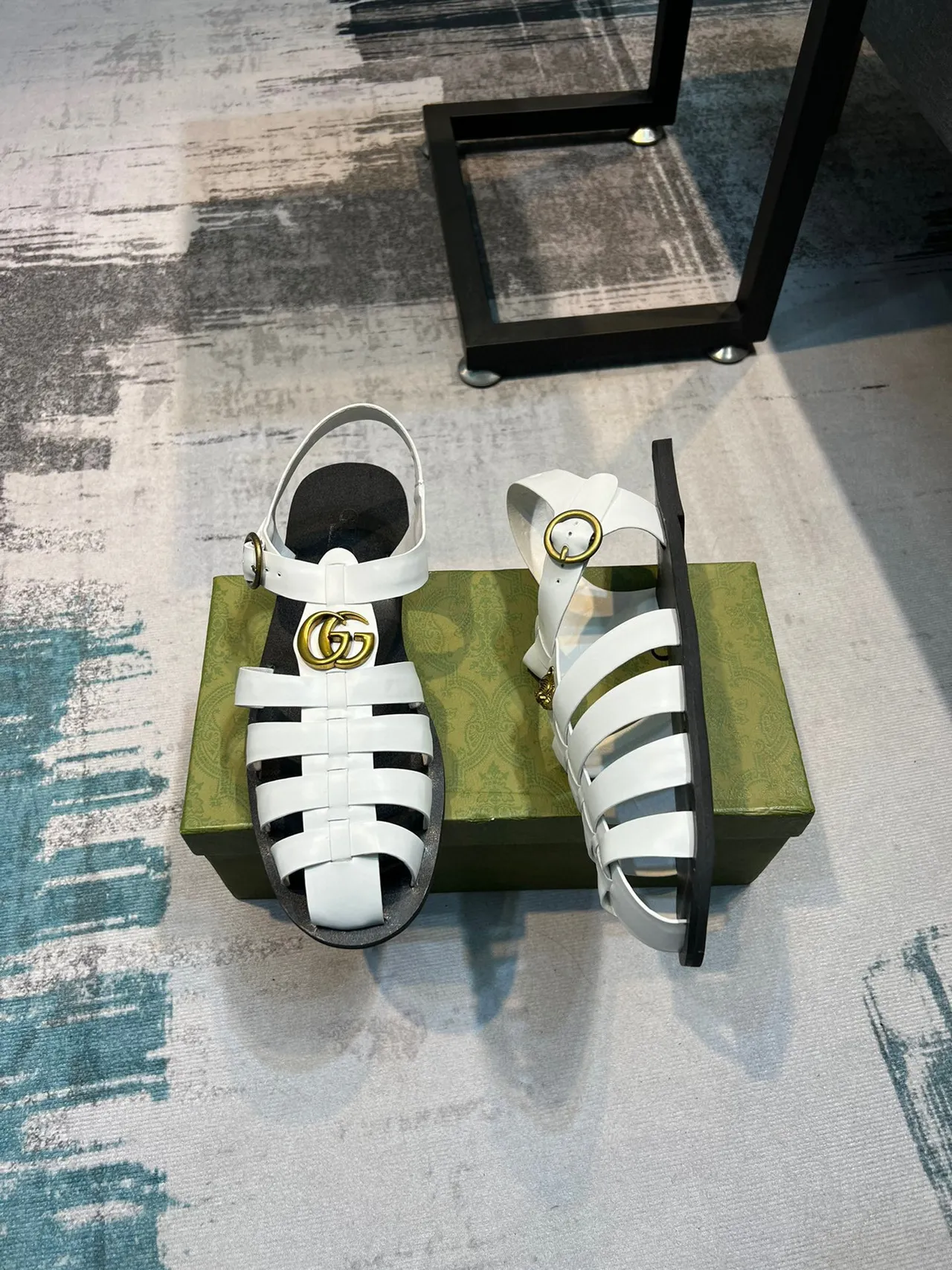 Gucci Gladiator Sandal White Gold Leather Strap Design Gladiator Sandals