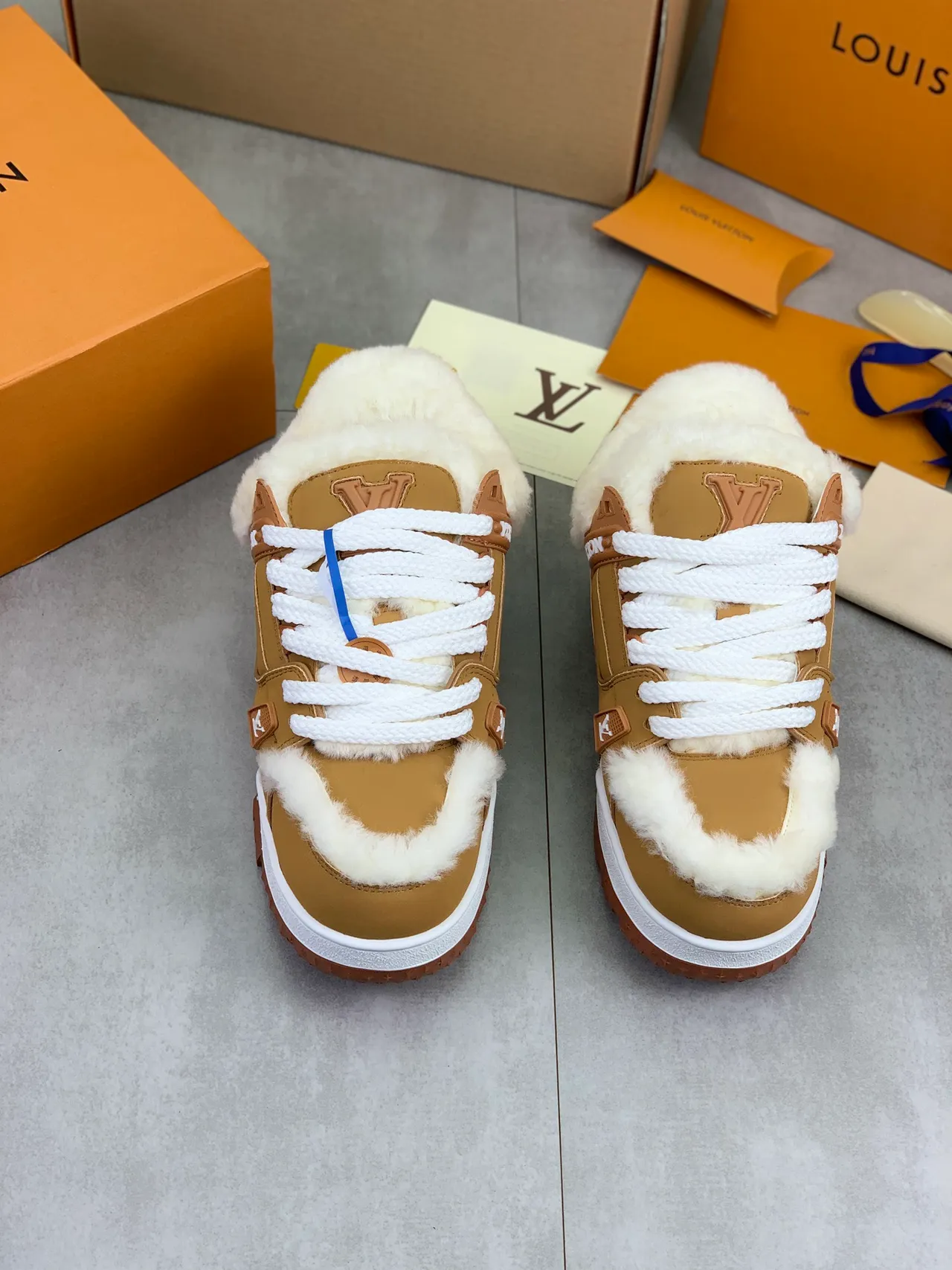 Louis Vuitton LV Trainer Brown White Shearling-Lined Tan Leather Lifestyle Sneakers
