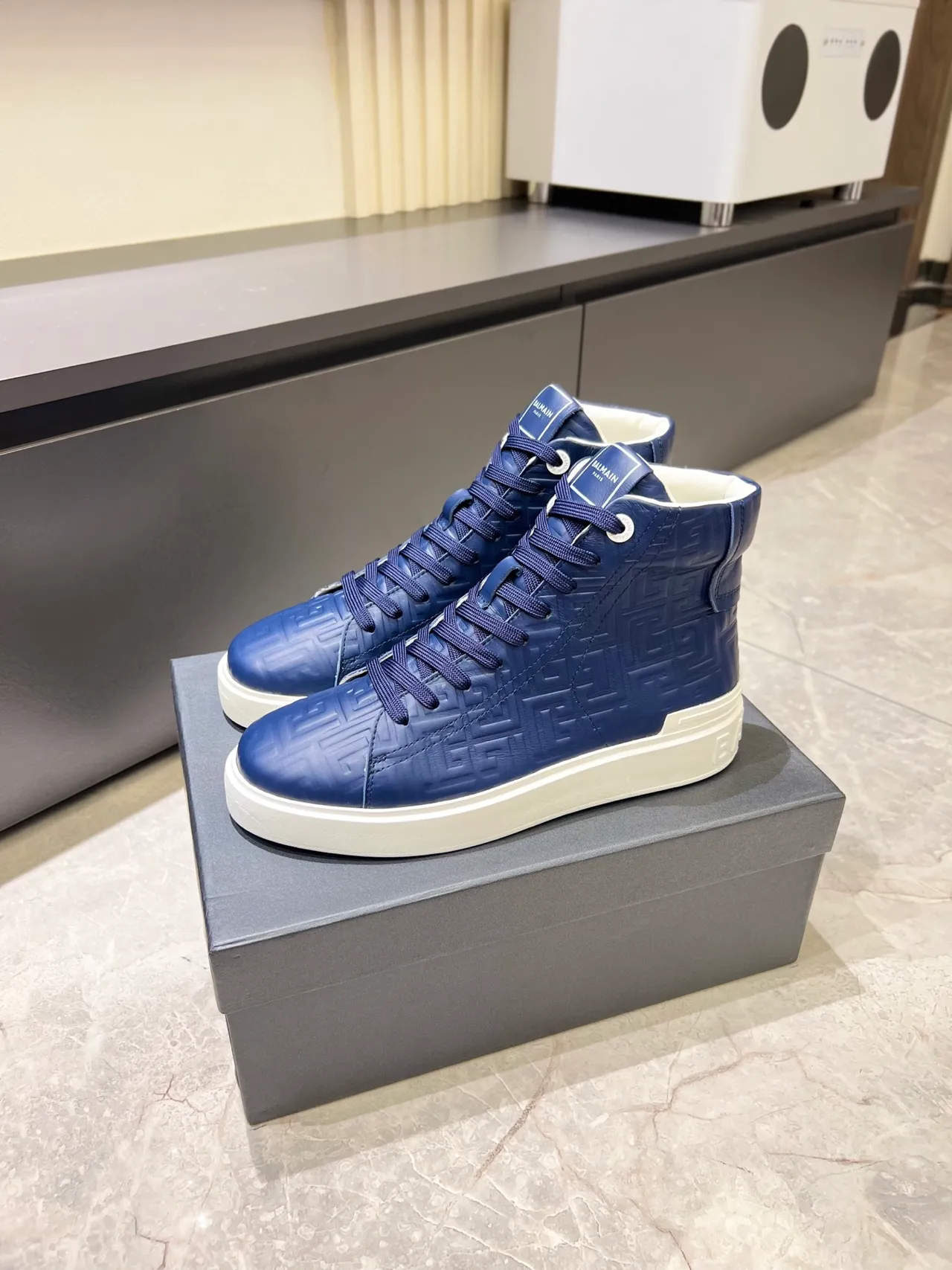 Balmain Navy White High-Top Embossed Geometric Pattern Lifestyle Sneakers