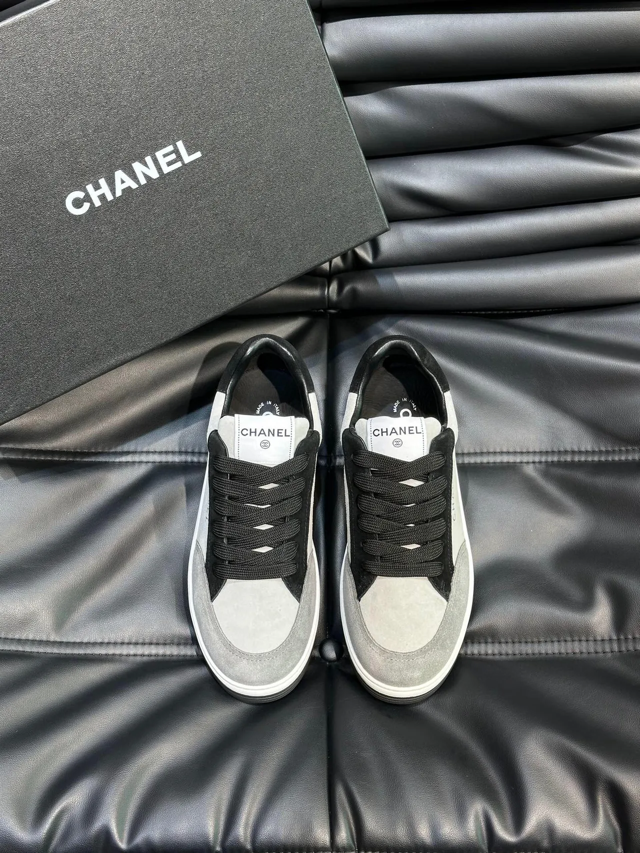 Chanel Gray Black Low-Top Suede-and-Leather Panelled Sneakers
