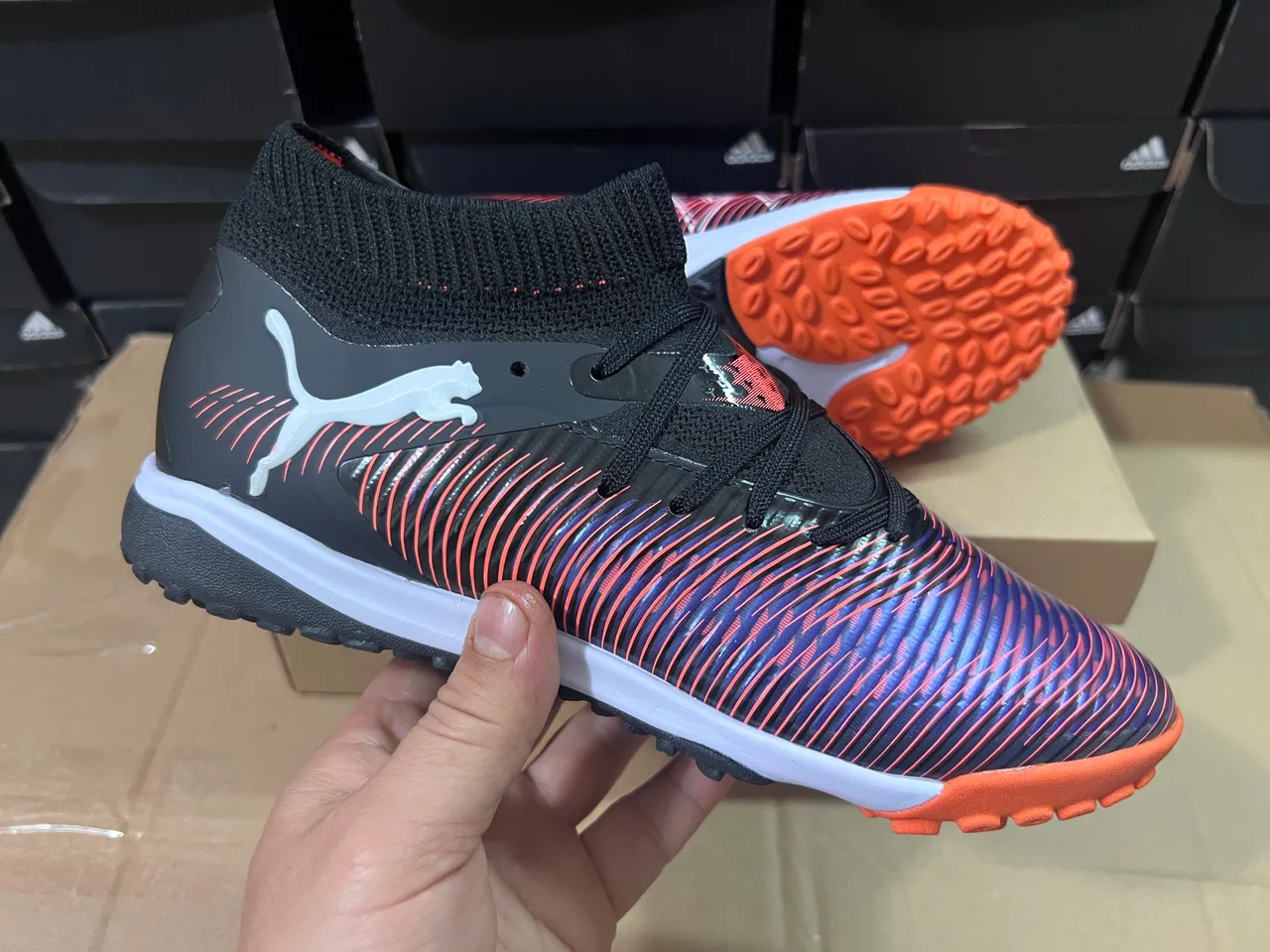 Puma Black Multicolor Knit Sock-Fit Collar Iridescent Striped Upper Turf Soccer Shoes