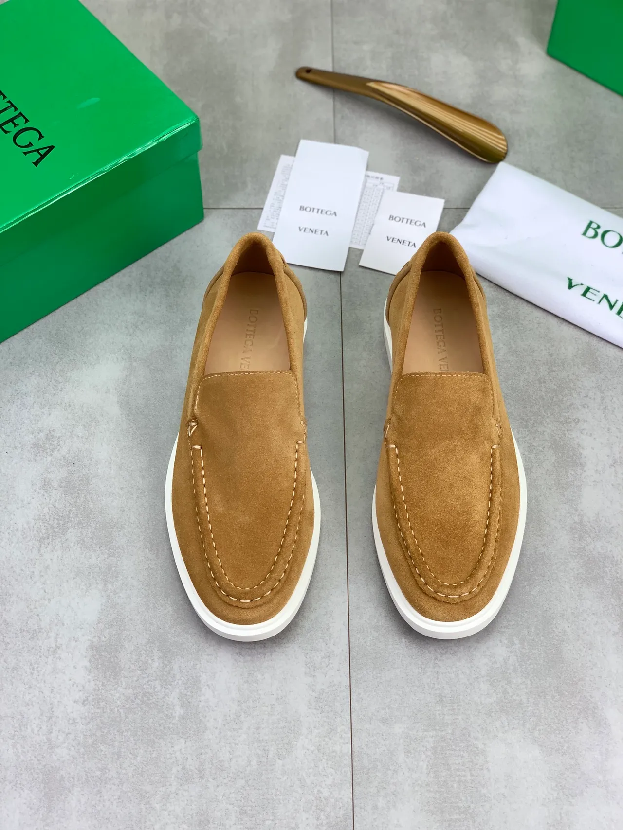 Bottega Veneta Andiamo Tan Suede Loafers