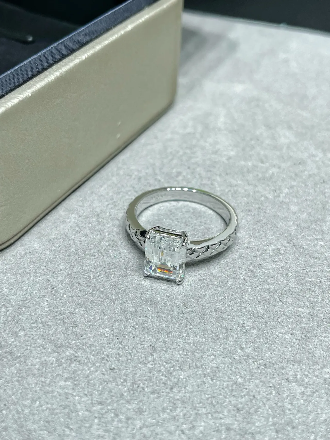 Gold Silver Emerald-Cut Stone Textured Braided Band Ring