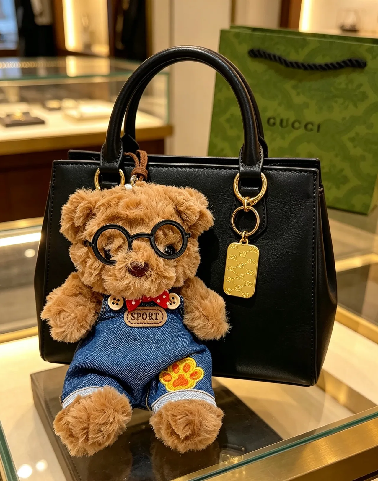 Gucci Brown Blue Plush Teddy Bear Denim Overalls Handbag
