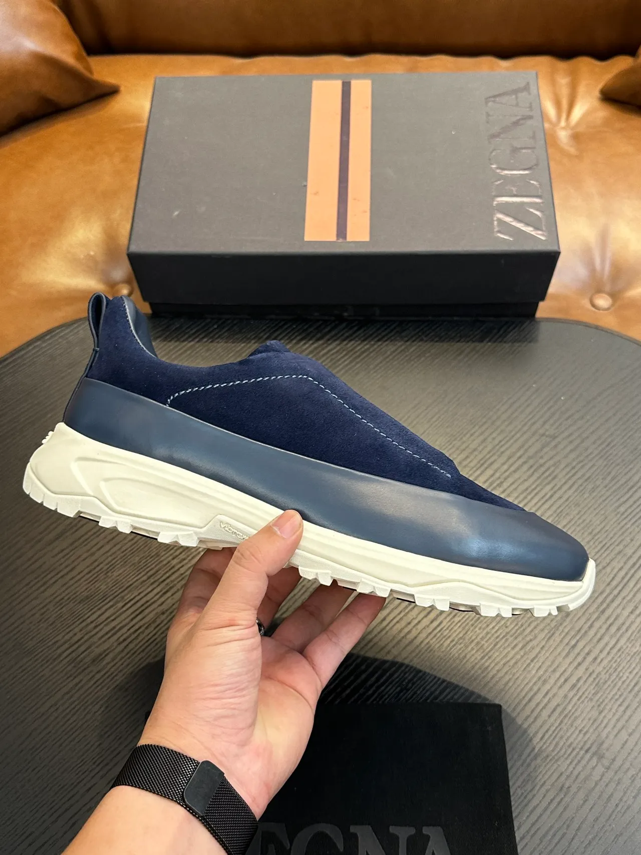 Zegna Navy Suede Slip-On Lifestyle Sneakers