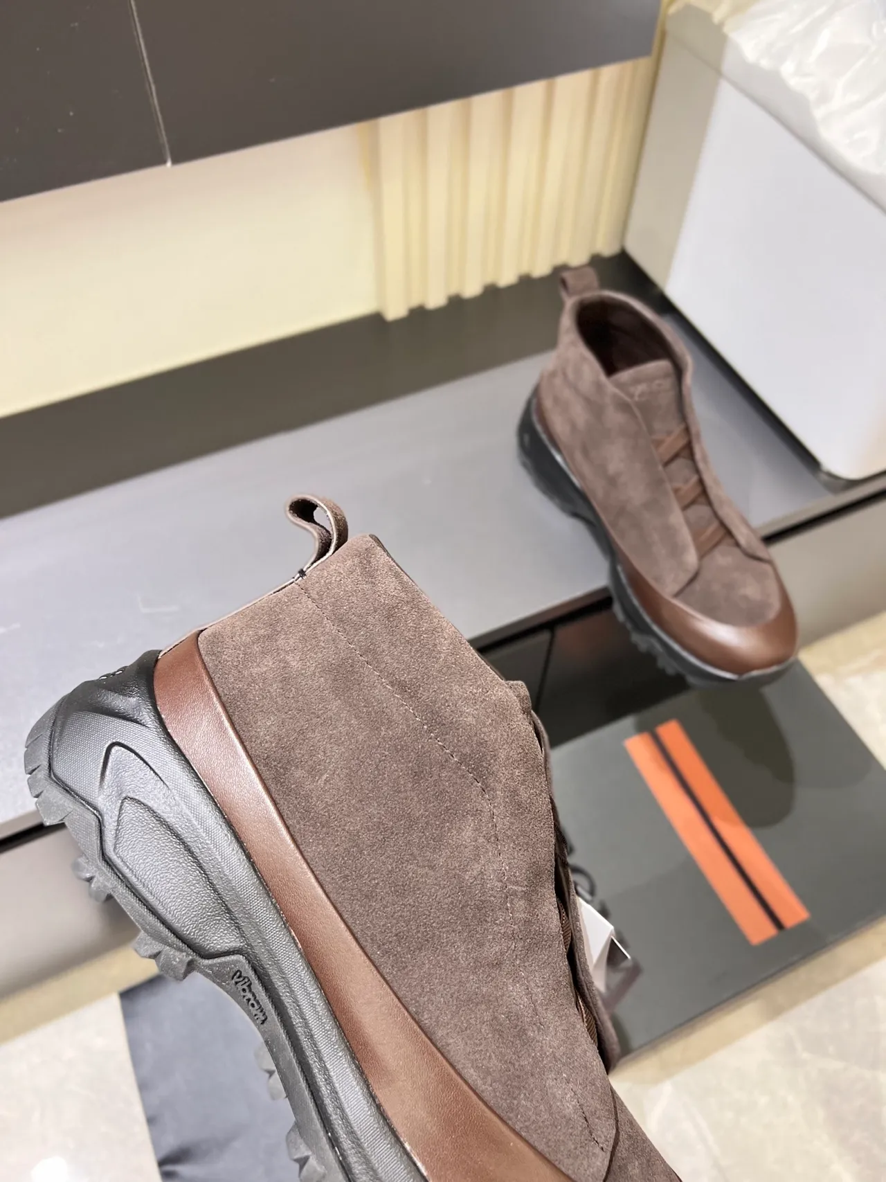 Brown Black Suede Upper Slip-On Construction Ankle Boots