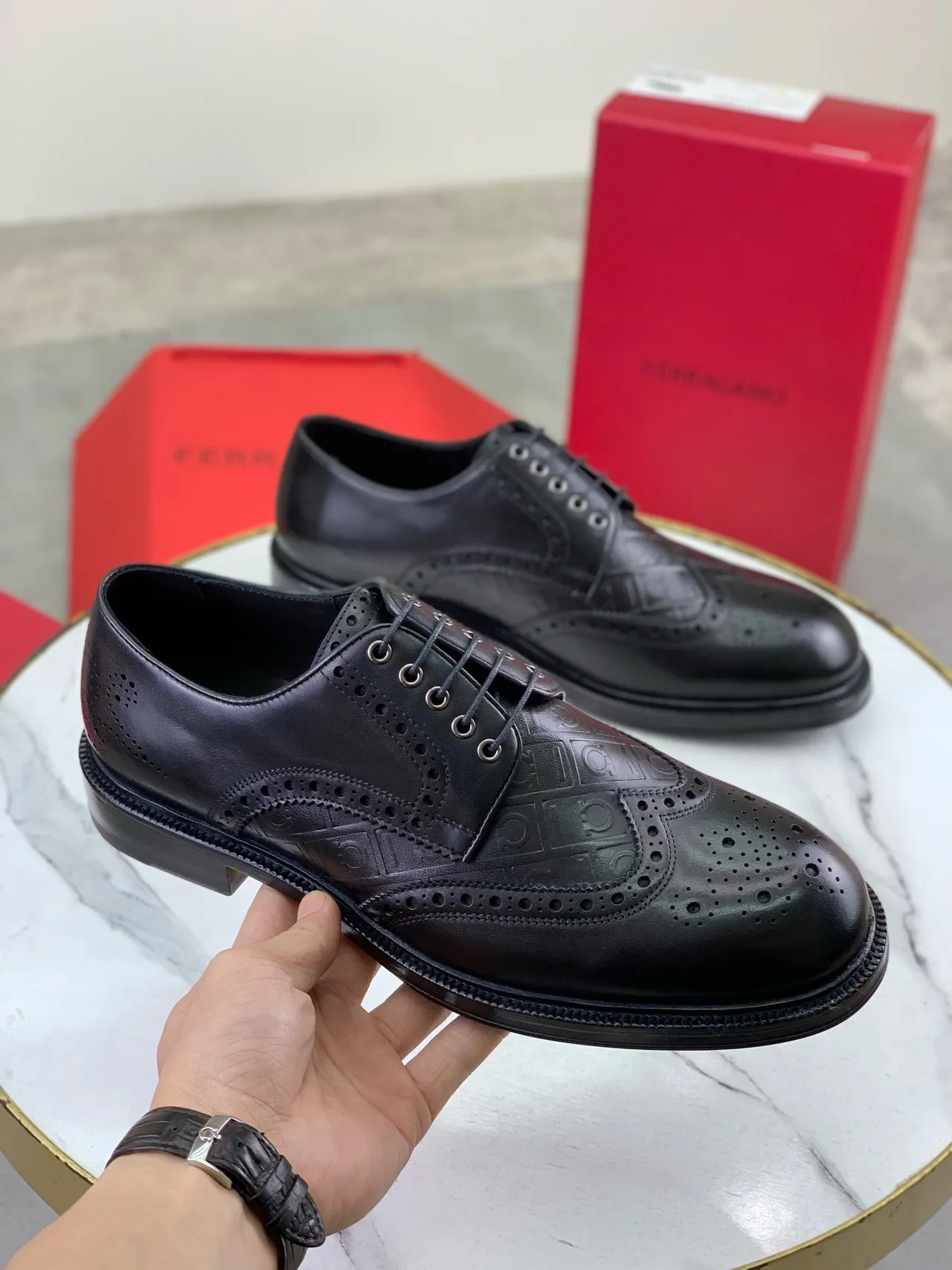 Salvatore Ferragamo Black Full Wingtip Embossed Logo Pattern Brogue