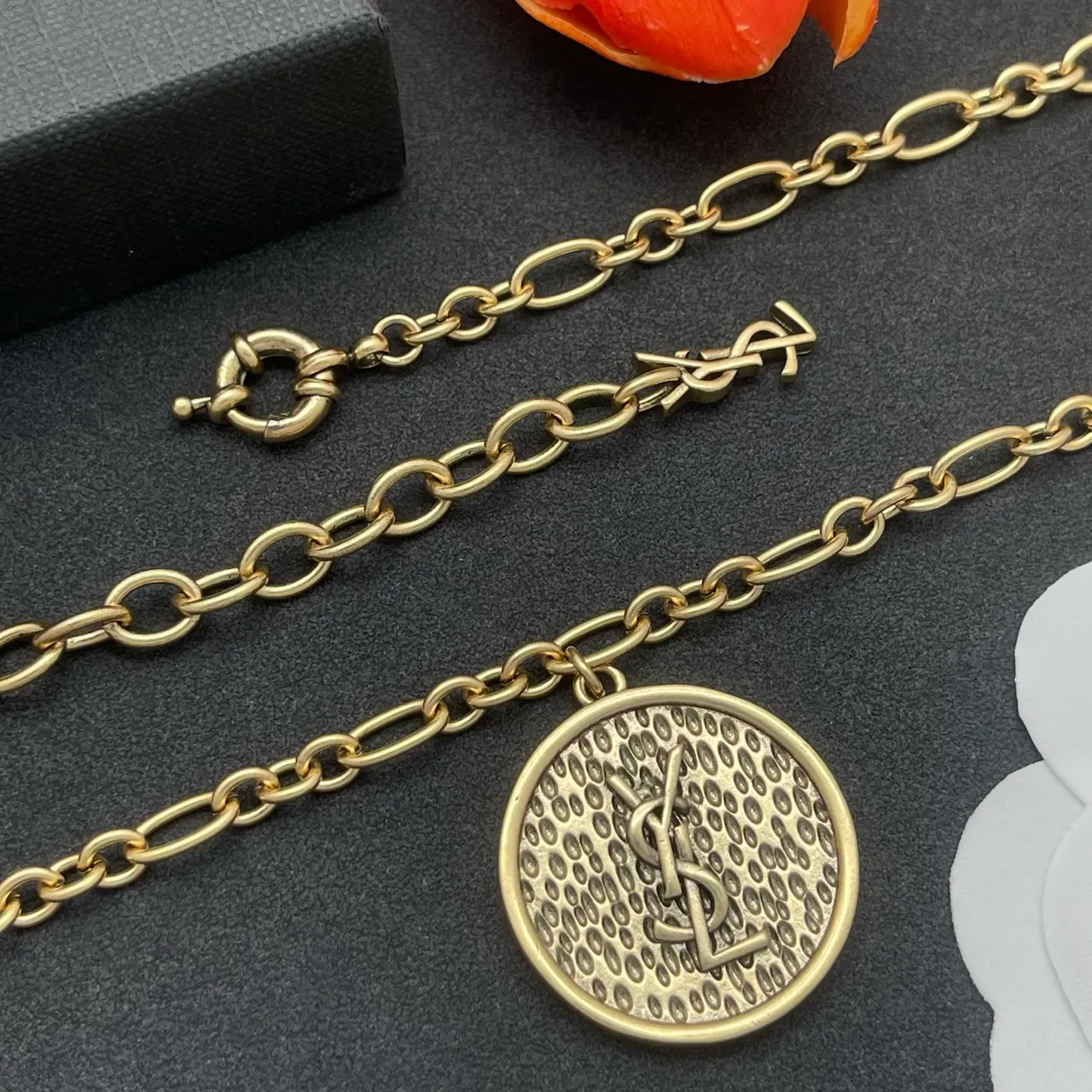 Saint Laurent Gold Silver Chunky Oval-Link Chain Circular Textured Pendant Necklace