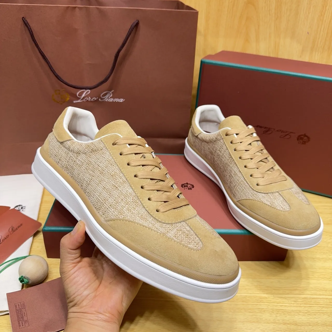 Loro Piana Beige Textile and Suede Lifestyle Sneakers