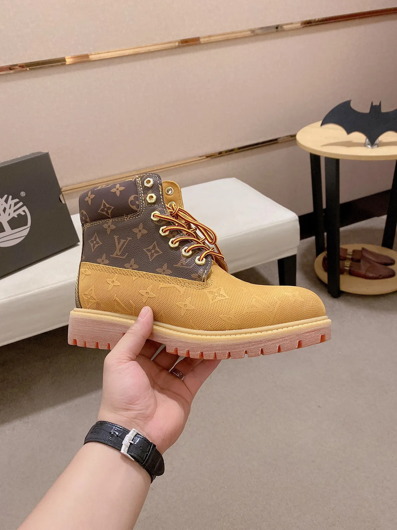 Timberland Yellow Brown Monogrammed Canvas Perforated Textile Upper Work Boots