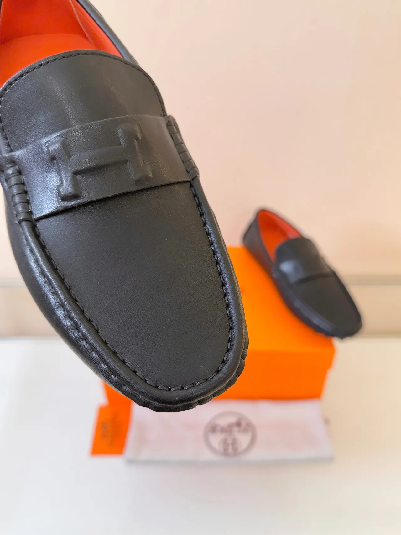 Hermès Oran Black Leather H-Logo Strap Loafers