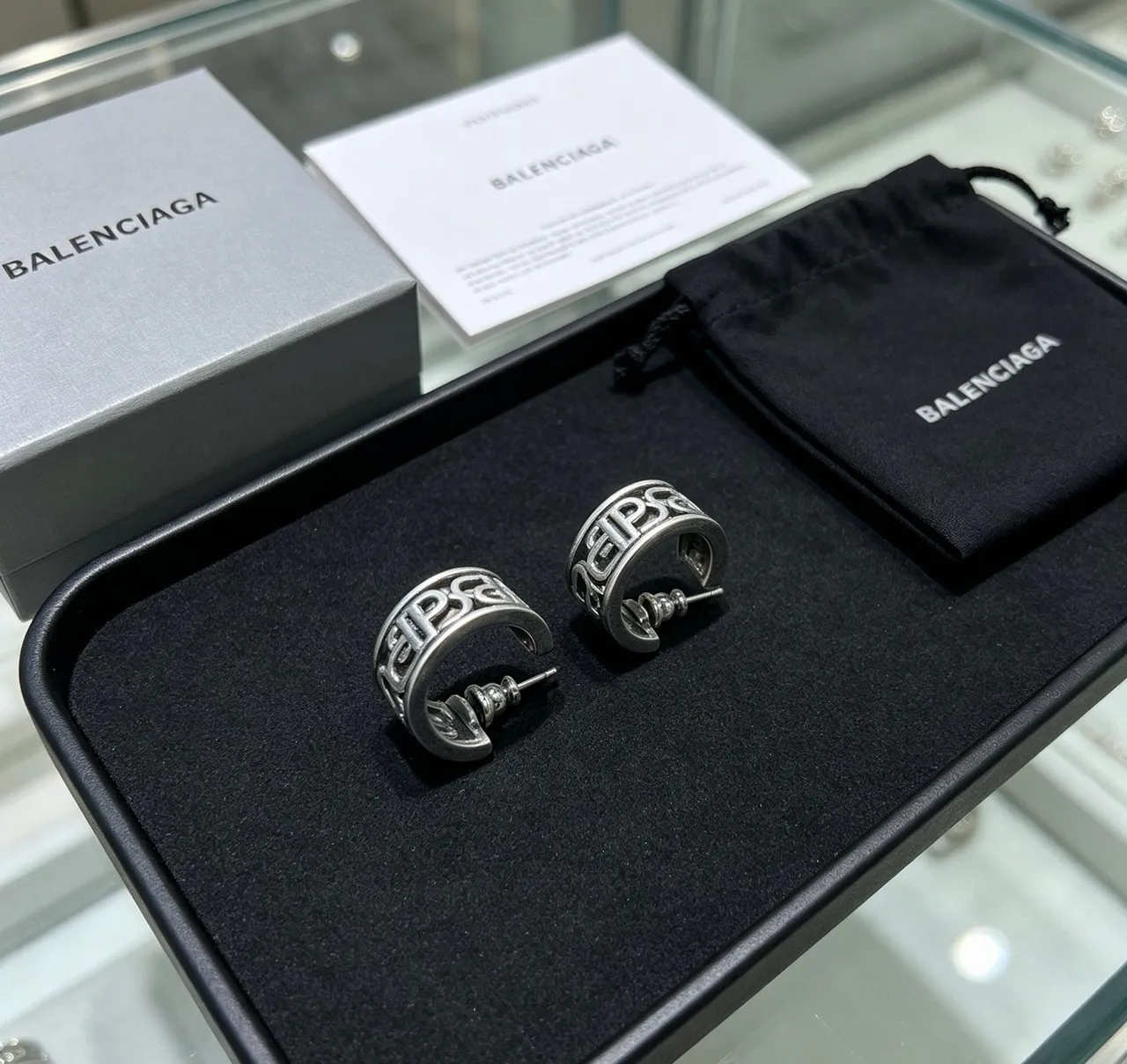 Balenciaga Logo-Integrated Hoop Silver Black Metallic Earrings