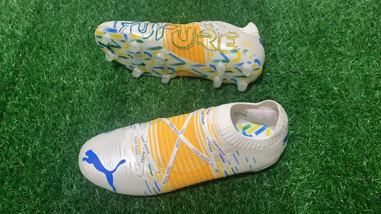 Puma Future Z White Multicolor Sock-Fit Collar Textured Orange Cage Firm-Ground Soccer Shoes
