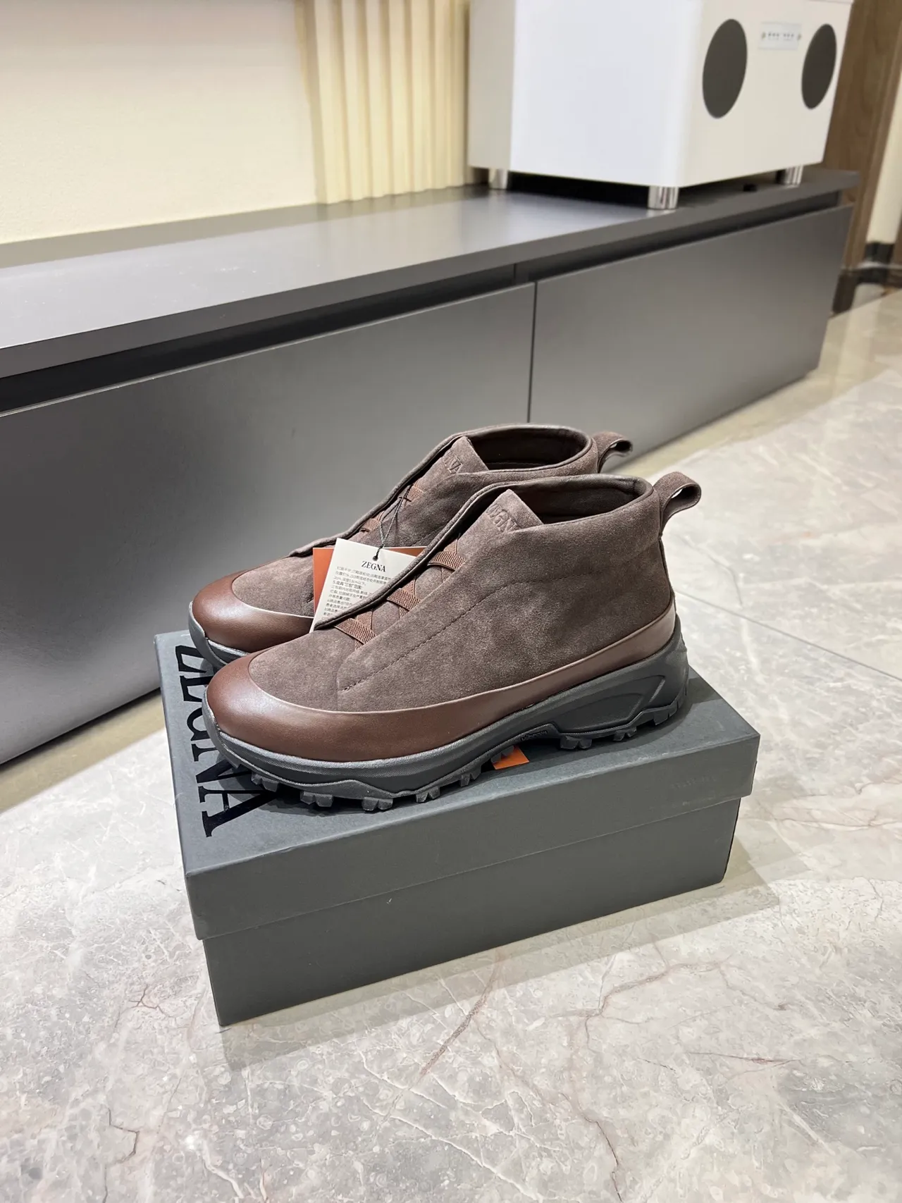 Brown Black Suede Upper Slip-On Construction Ankle Boots