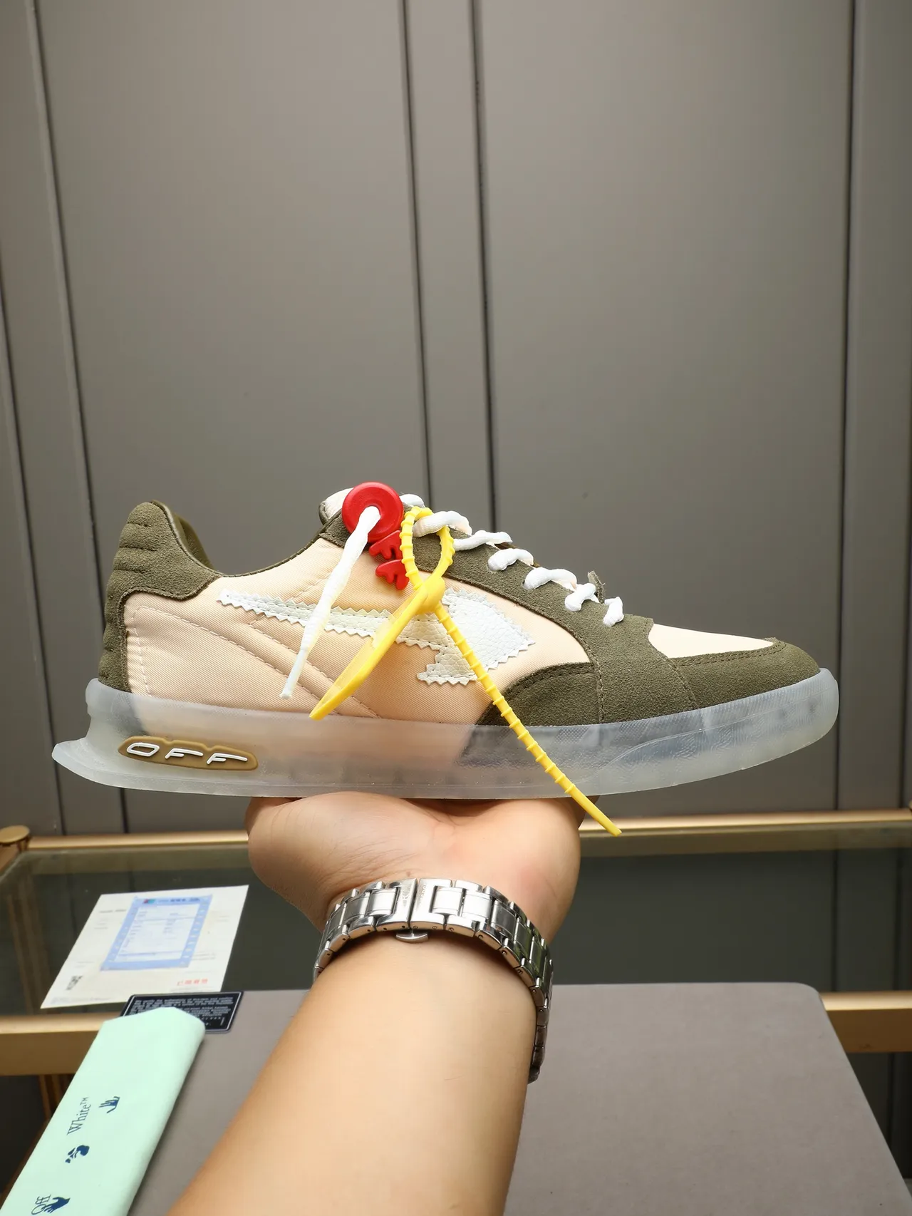 Off-White Army Green Beige Deconstructed Paneling Industrial Zip-Tie Laces Lifestyle Sneakers