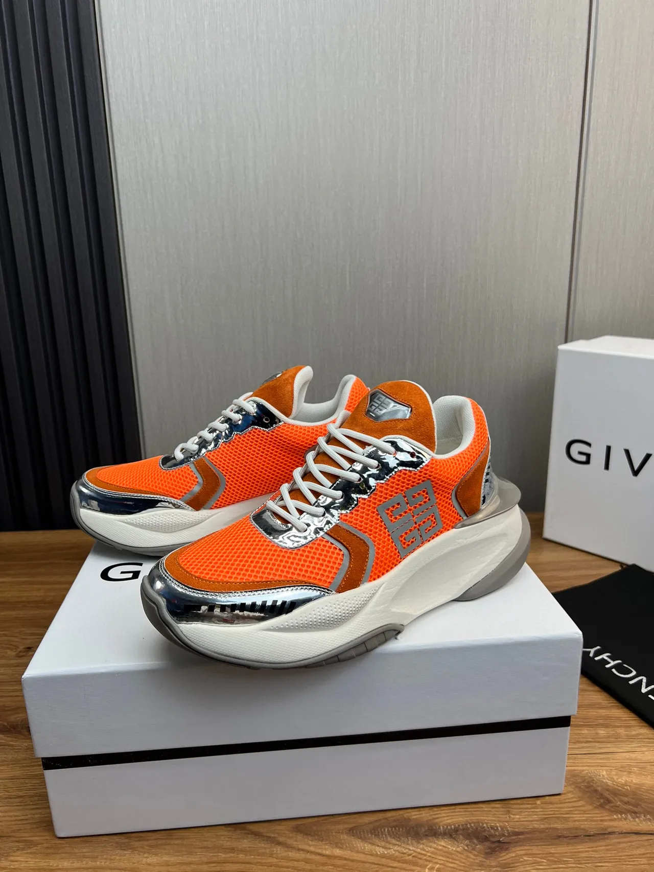 Givenchy Orange Silver Sole Mesh And Suede Upper Chunky Sneakers