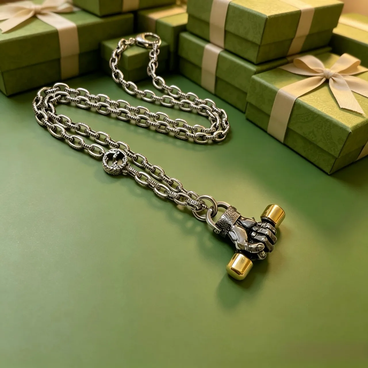 Gucci Fist Pendant Silver Gold Oxidized Chain Sculpted Necklace