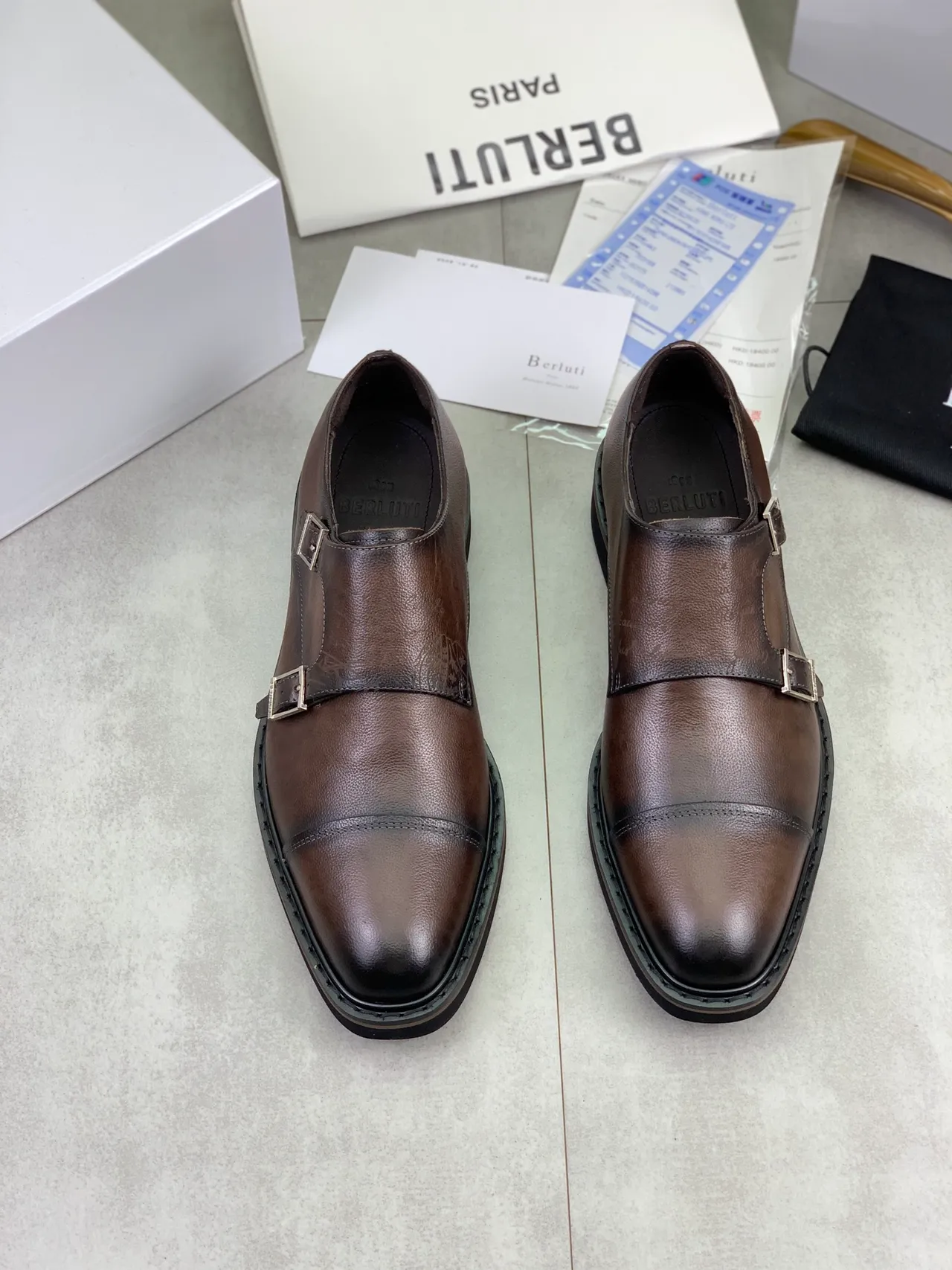 BERLUTI Double Monk Strap Cap Toe Brown Leather Monk Shoes