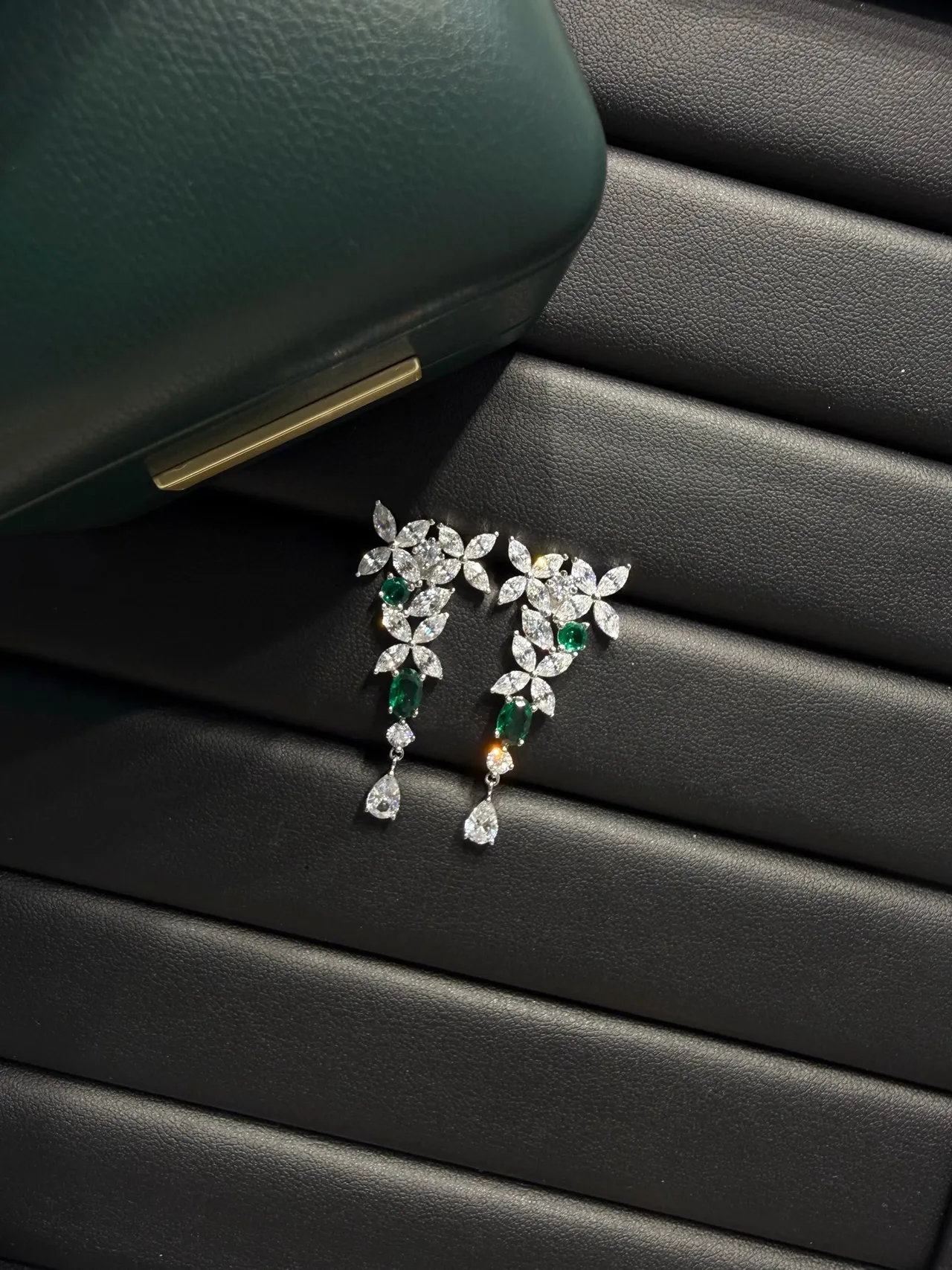 Floral Motif Marquise-Cut Green and Clear Stone Drop Earrings