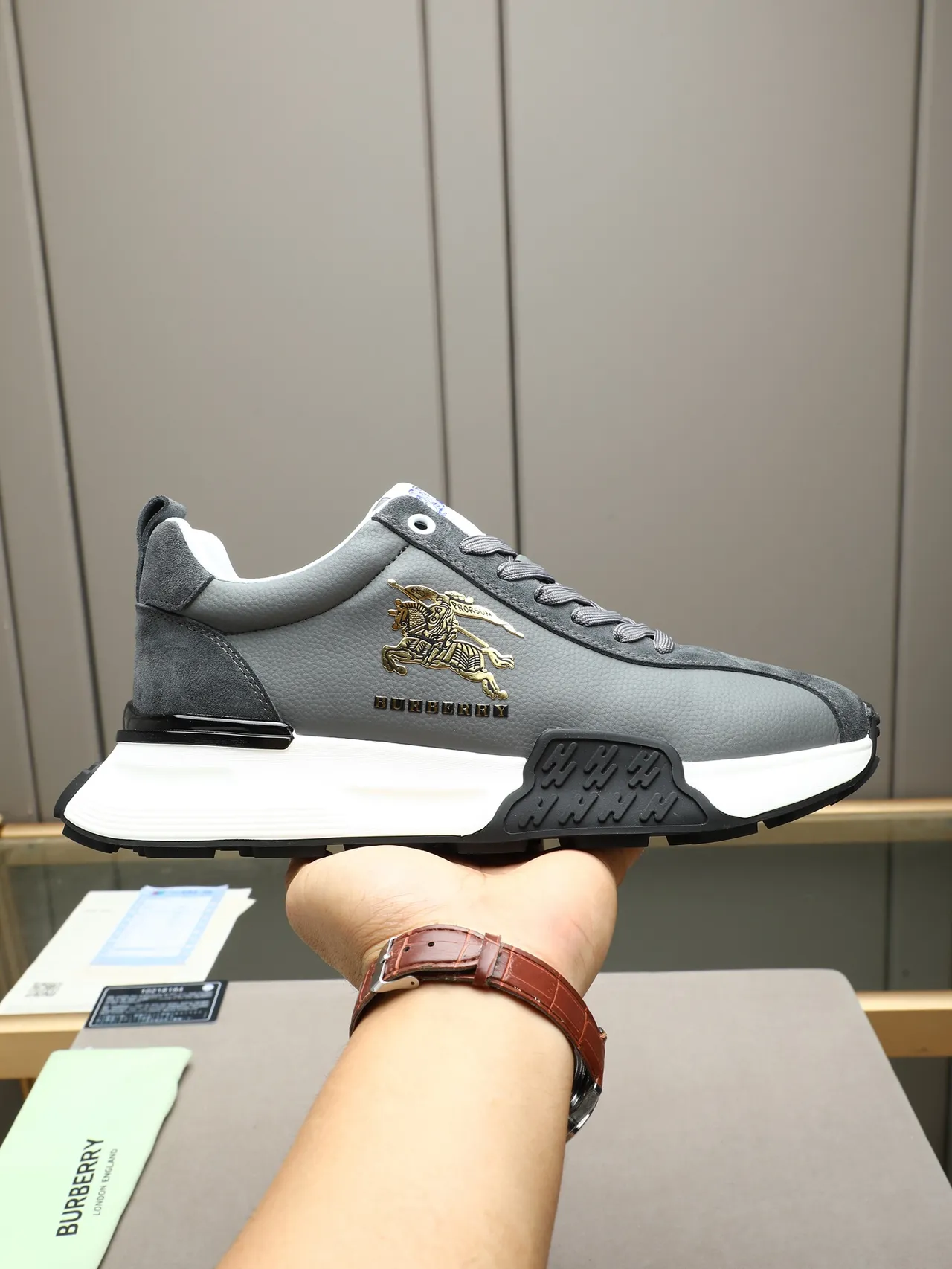 Burberry Knight Gray Suede and Leather Chunky Sneakers