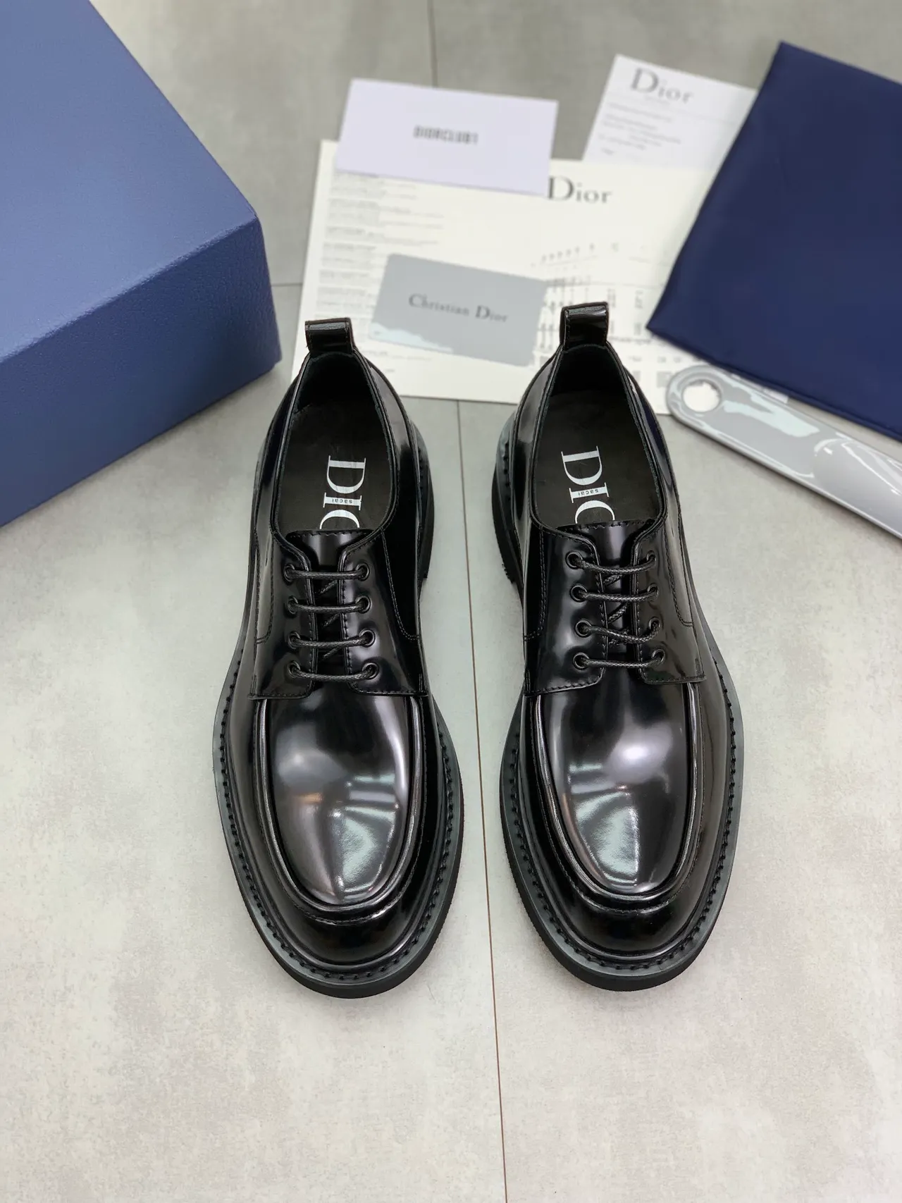 Dior Black Glossy Patent Leather Chunky Platform Sole Derby Shoes