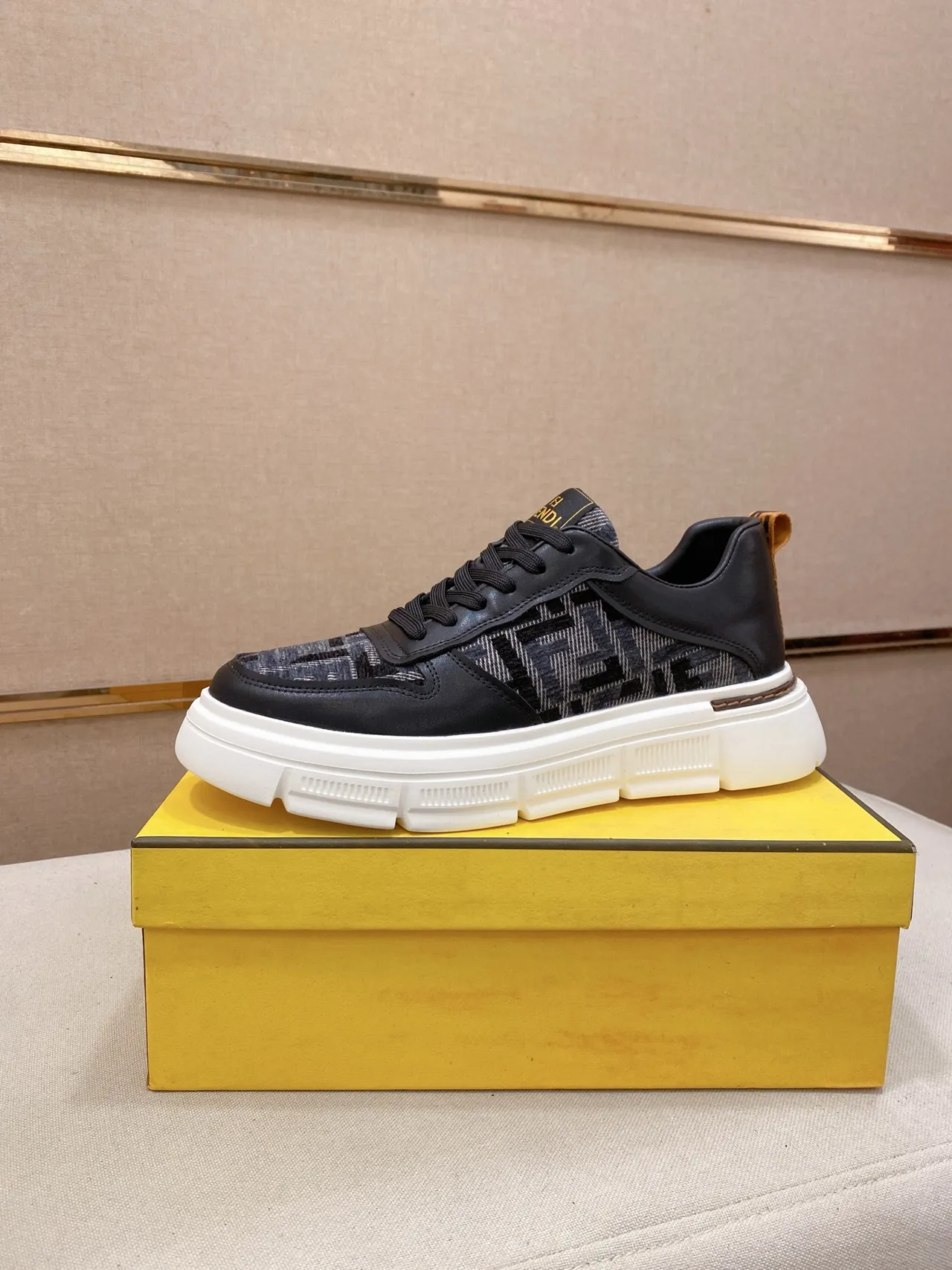 Fendi Black White Platform Sole Monogrammed Textile Panels Chunky Sneakers