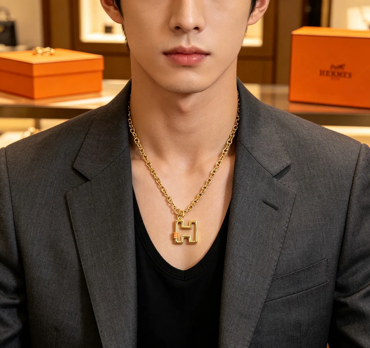 Hermès Gold Orange Link Chain Toggle Clasp Necklace