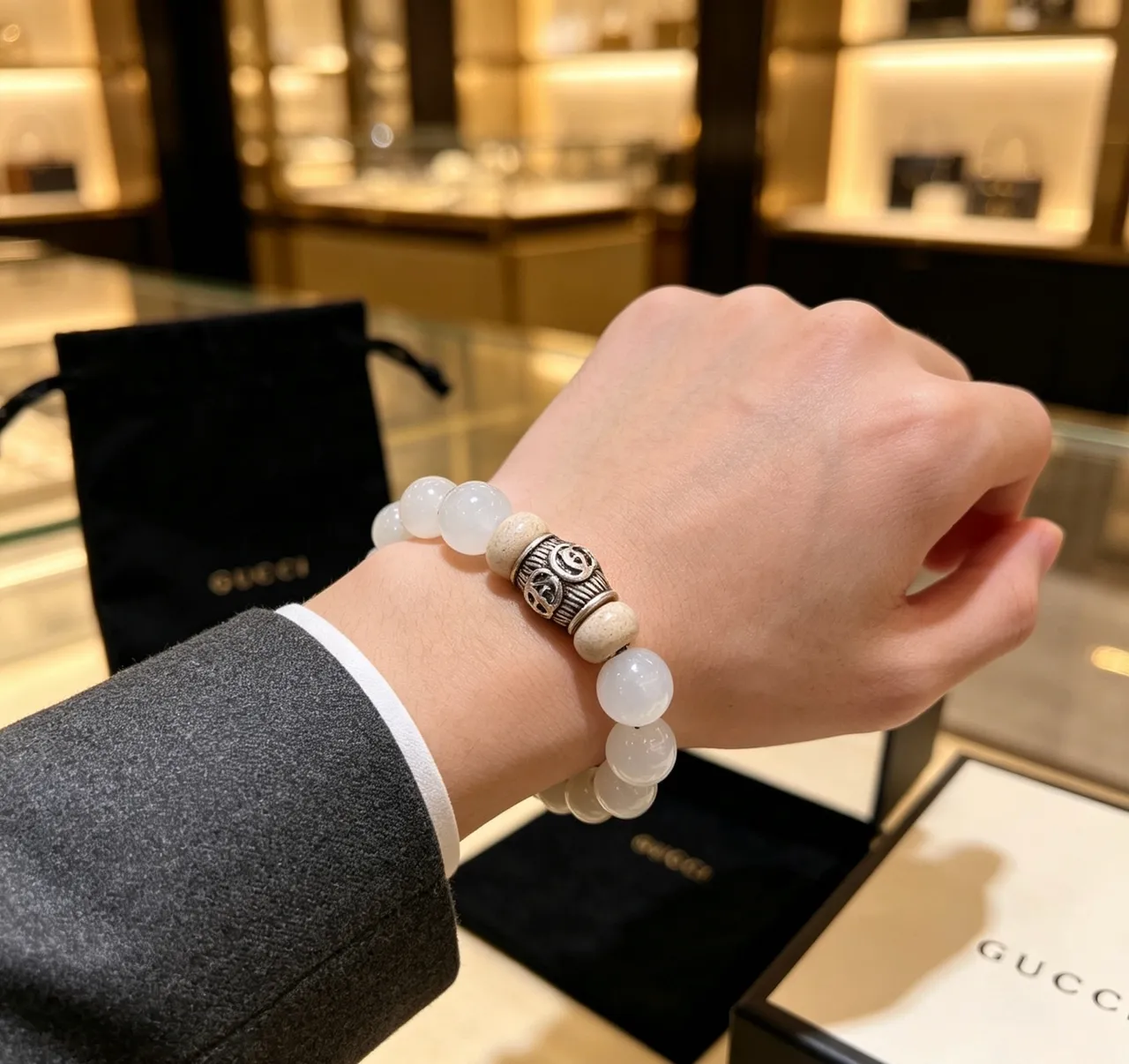Gucci Beige Silver Beaded Ornate Metalwork Bracelet